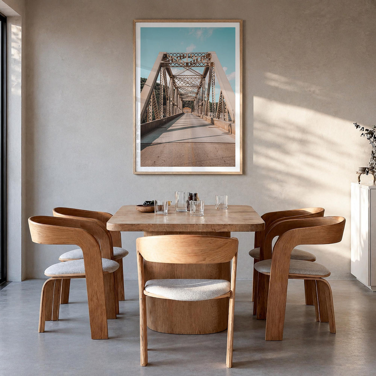 4th Avenue Bridge colorful photo poster – vertical wall art in natural wood frame with white border, hanging on wall
