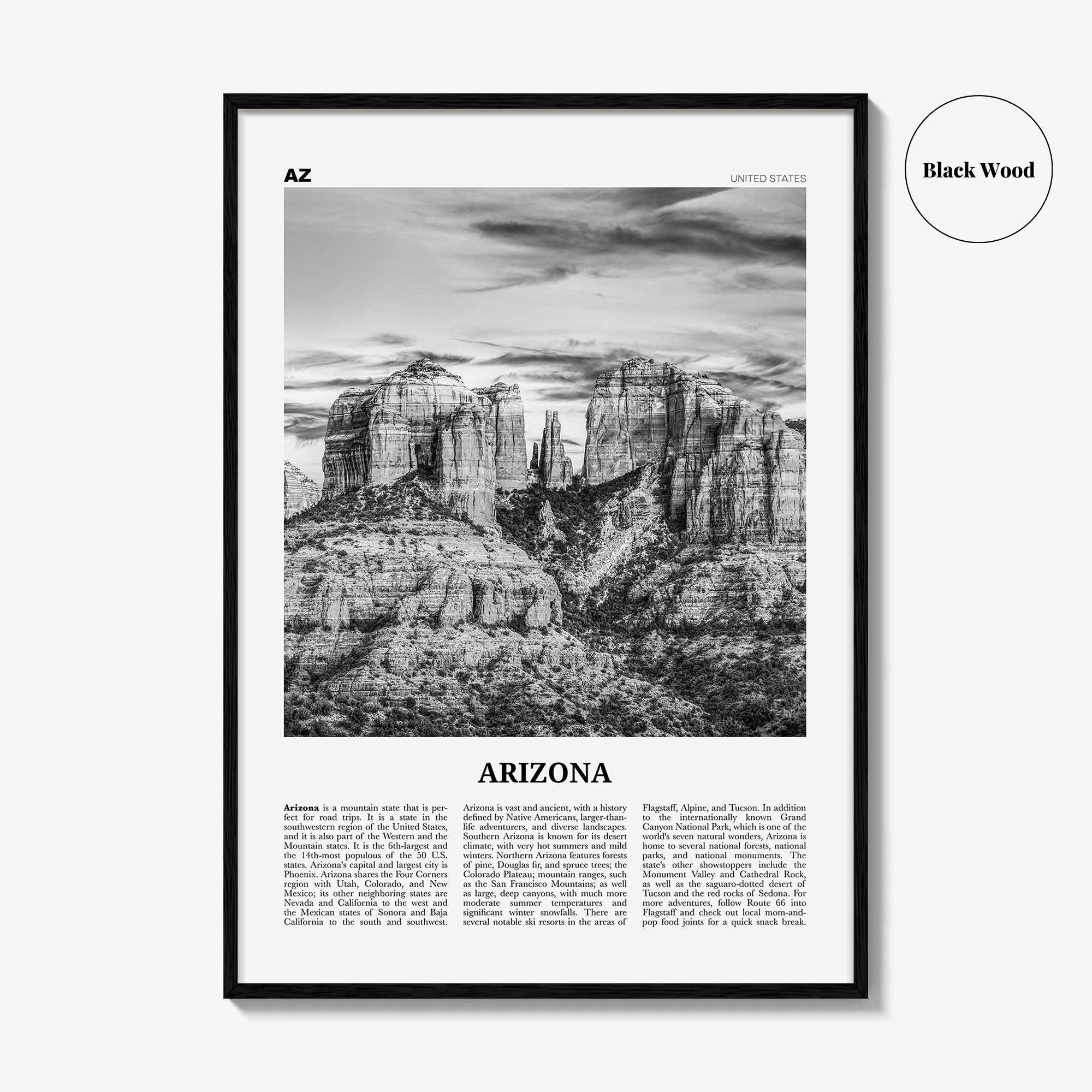 Arizona Print Black and White No 3, Arizona Wall Art, Arizona Poster, Arizona Photo, Arizona Wall Décor, Arizona Map, United States