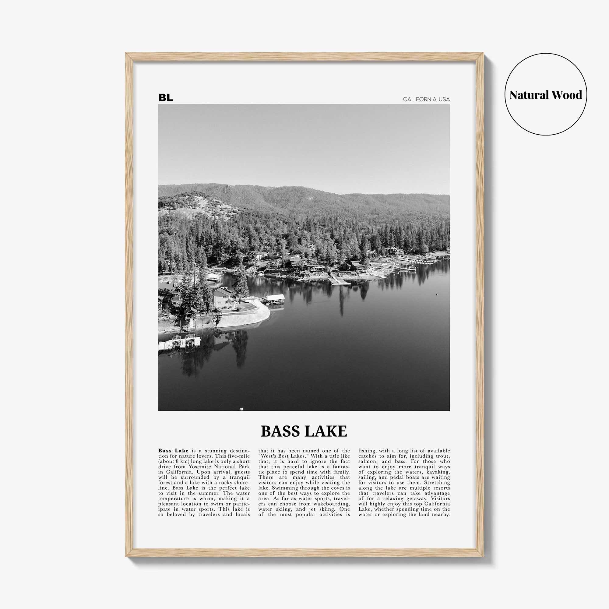 Bass Lake Print Black and White, Bass Lake Wall Art, Bass Lake Poster, Bass Lake Photo, Bass Lake Wall Décor, Bass Lake Map, California, USA