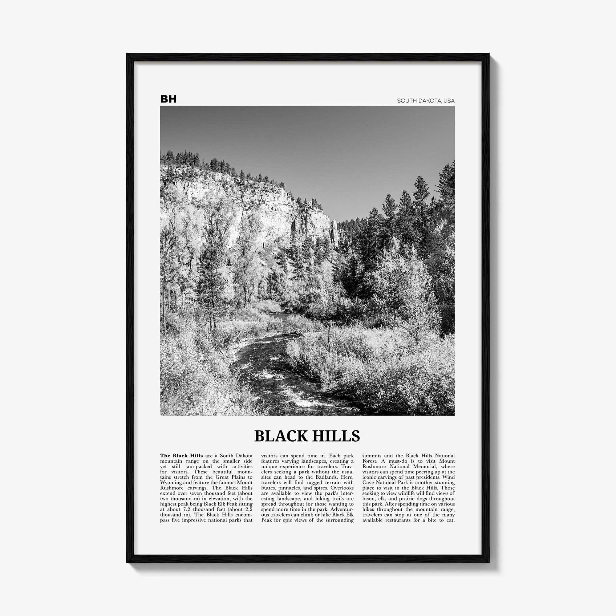 Black Hills Print Black and White, Black Hills Wall Art, Black Hills Poster, Black Hills Photo, Black Hills Map, South Dakota, USA