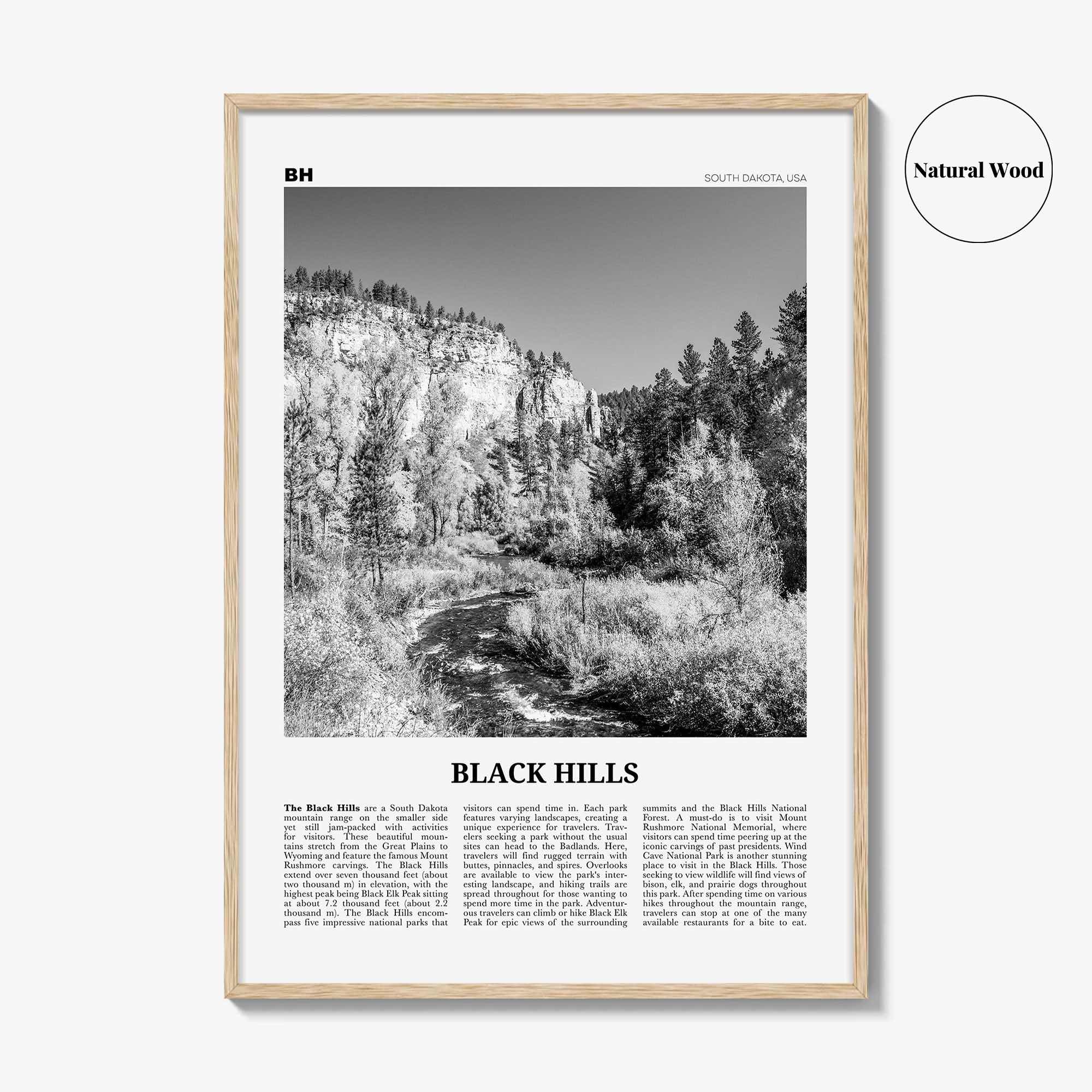 Black Hills Print Black and White, Black Hills Wall Art, Black Hills Poster, Black Hills Photo, Black Hills Map, South Dakota, USA