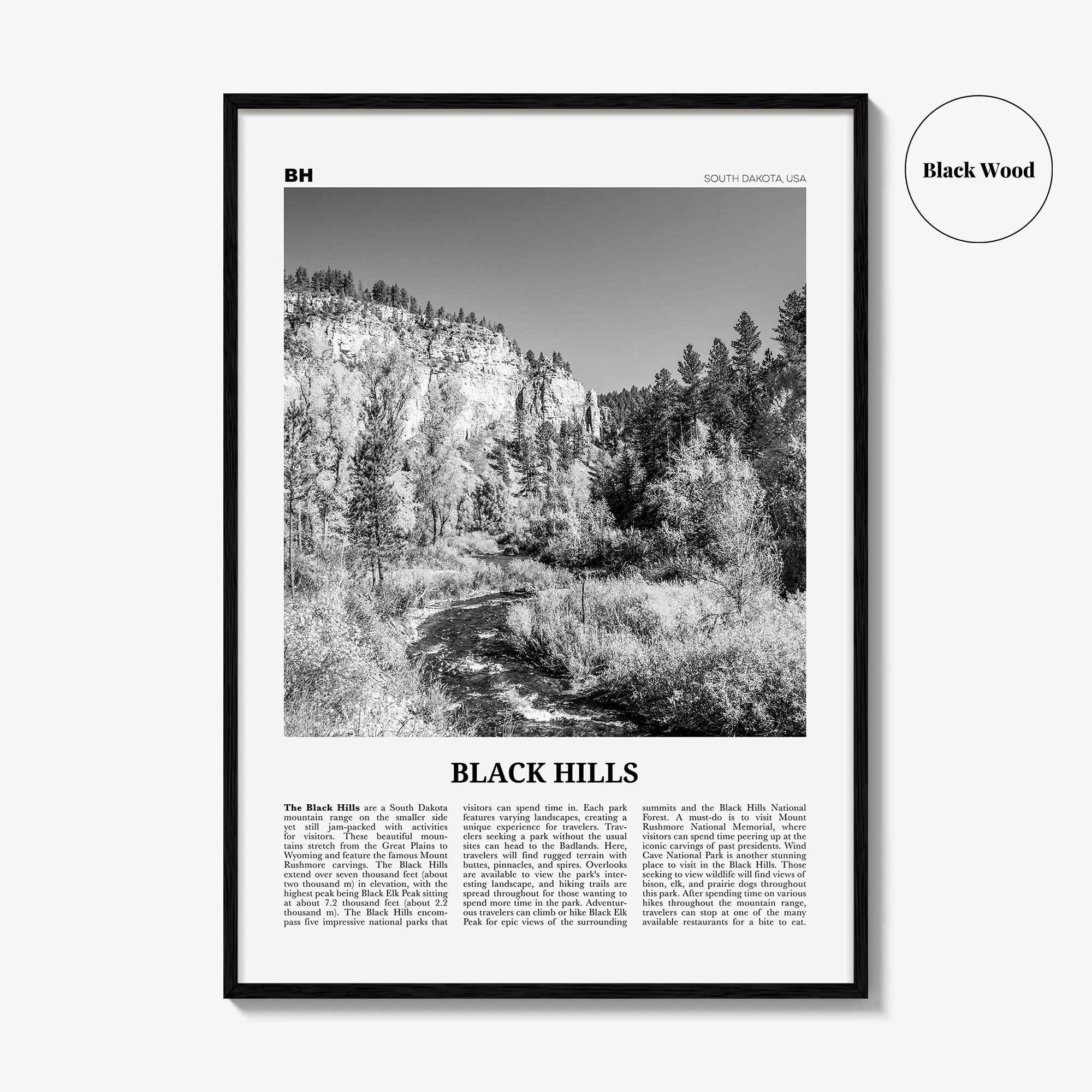 Black Hills Print Black and White, Black Hills Wall Art, Black Hills Poster, Black Hills Photo, Black Hills Map, South Dakota, USA