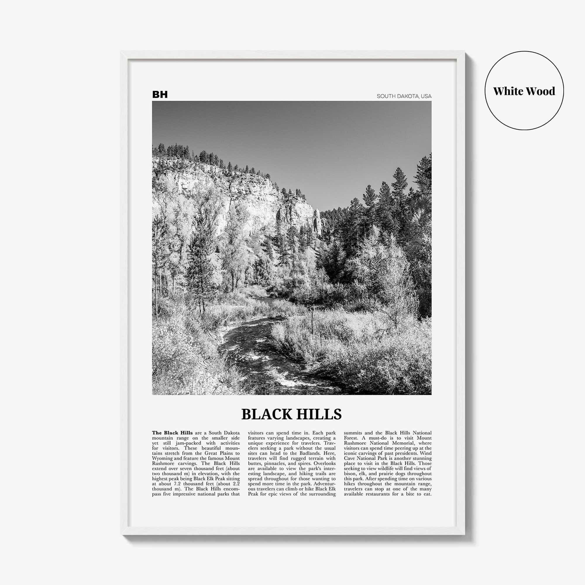 Black Hills Print Black and White, Black Hills Wall Art, Black Hills Poster, Black Hills Photo, Black Hills Map, South Dakota, USA