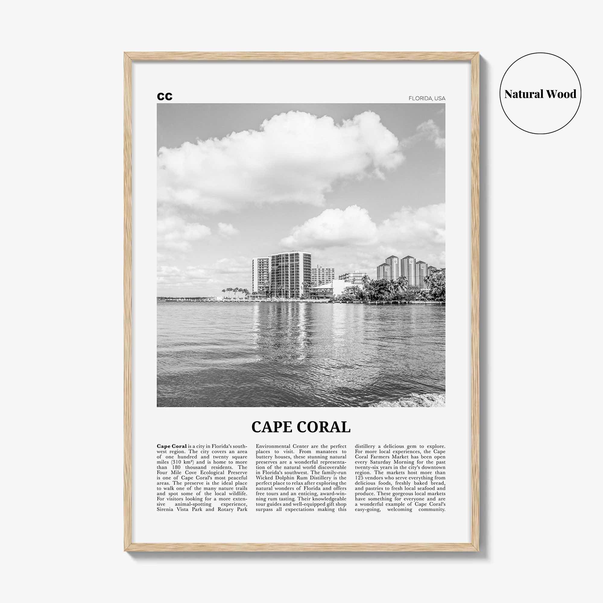 Cape Coral Print Black and White, Cape Coral Wall Art, Cape Coral Poster, Cape Coral Photo, Cape Coral Map, Florida, USA, United States