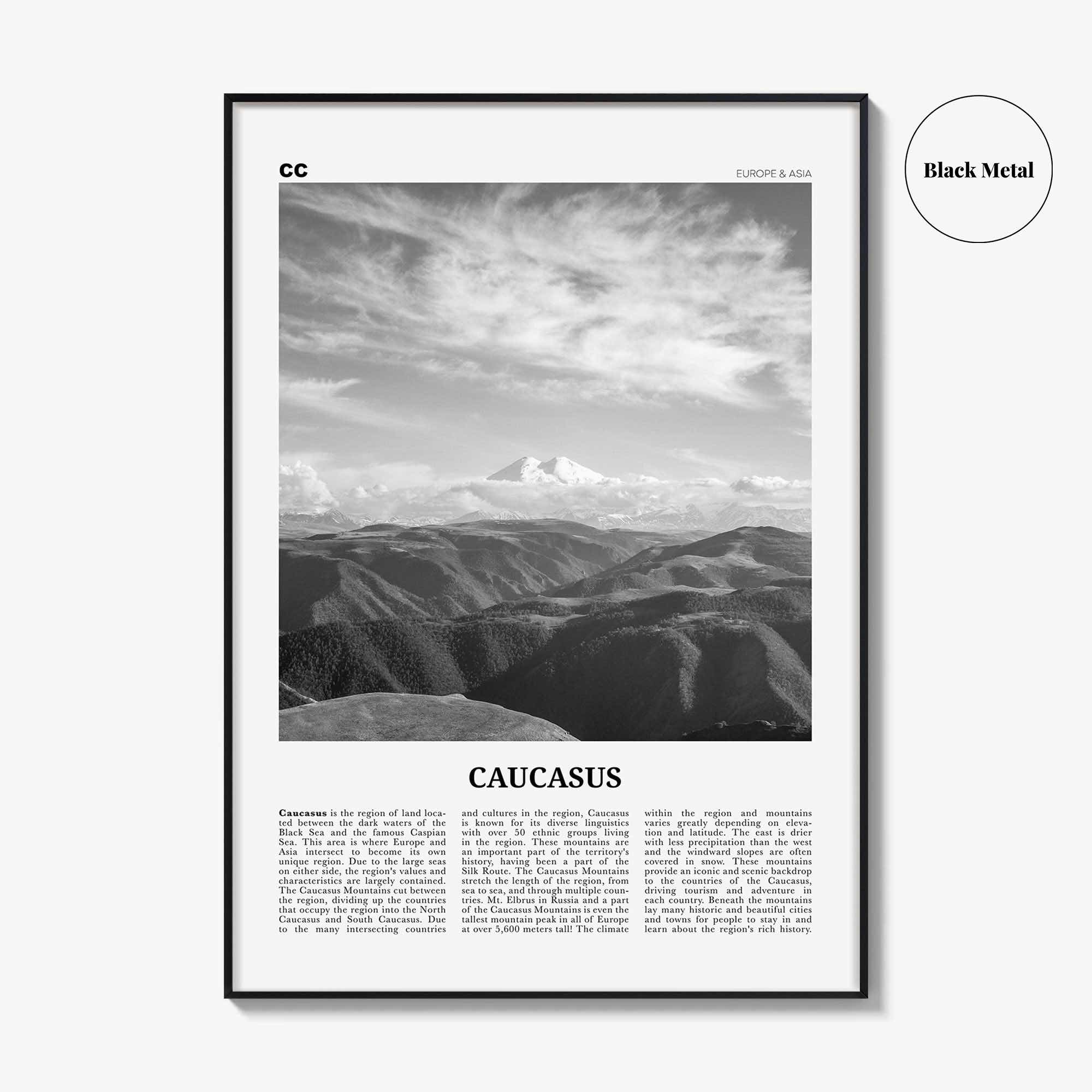 Caucasus Mountains Print Black and White, Caucasus Wall Art, Caucasus Poster, Caucasus Photo, Caucasus Wall Décor, Caucasus Map, Asia