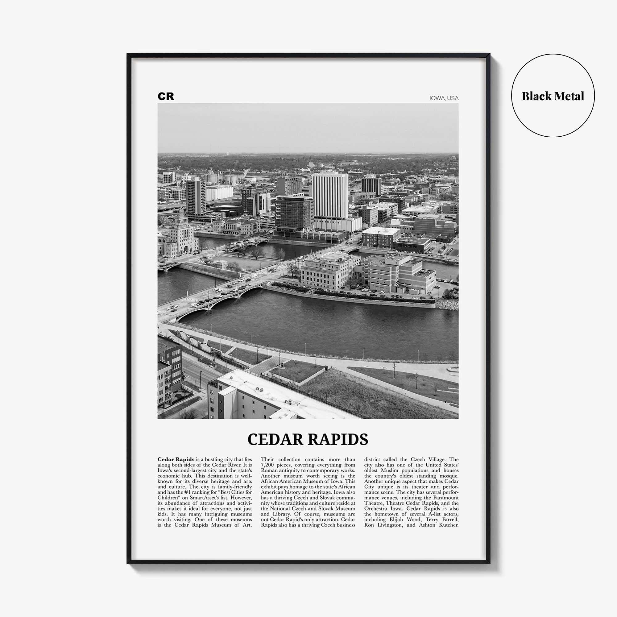 Cedar Rapids Print Black and White, Cedar Rapids Wall Art, Cedar Rapids Poster, Cedar Rapids Photo, Cedar Rapids Wall Décor, Iowa, USA