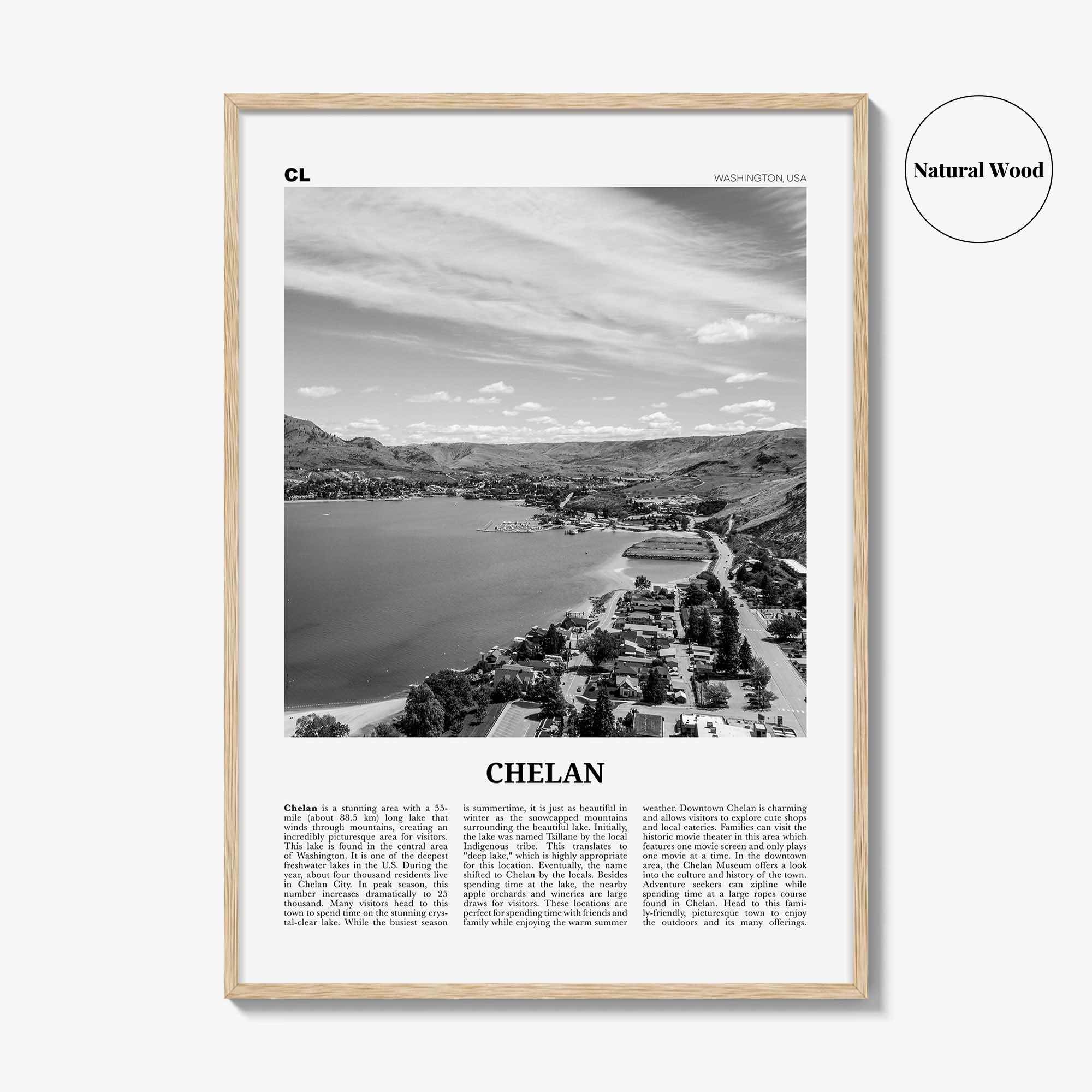 Chelan Print Black and White, Chelan Wall Art, Chelan Poster, Chelan Photo, Chelan Wall Décor, Chelan Map, Washington, USA
