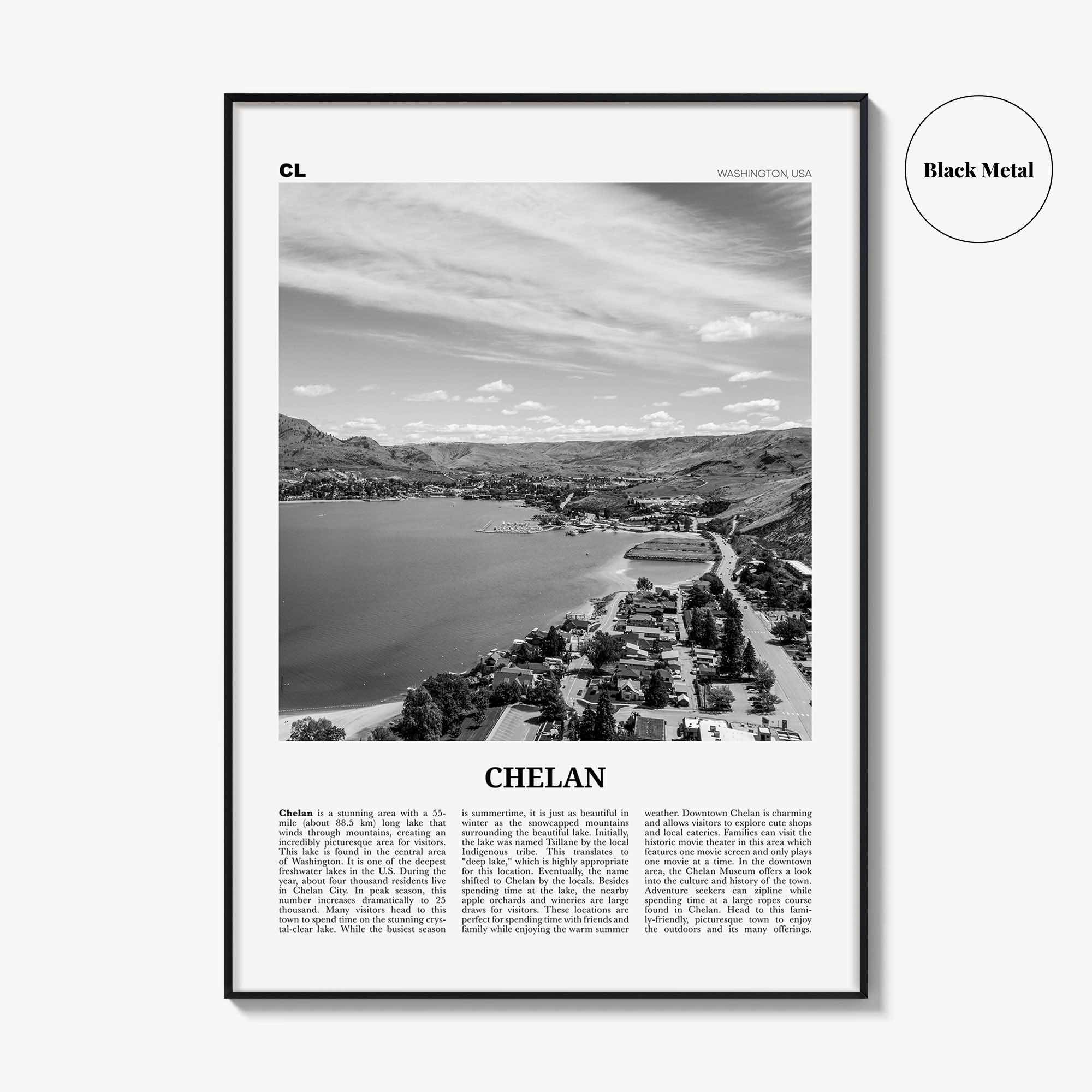 Chelan Print Black and White, Chelan Wall Art, Chelan Poster, Chelan Photo, Chelan Wall Décor, Chelan Map, Washington, USA