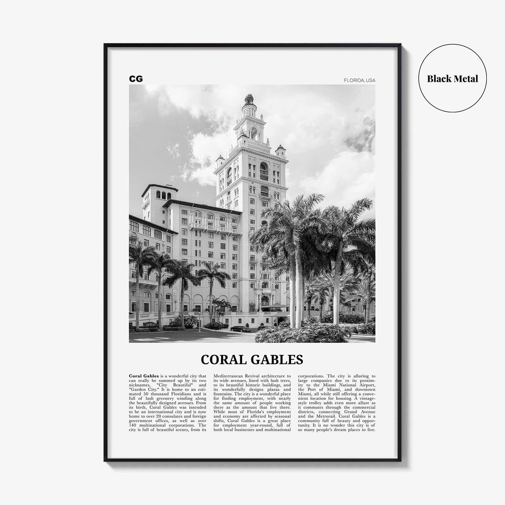 Coral Gables Print Black and White, Coral Gables Wall Art, Coral Gables Poster, Coral Gables Photo, Coral Gables Wall Décor, Florida, USA