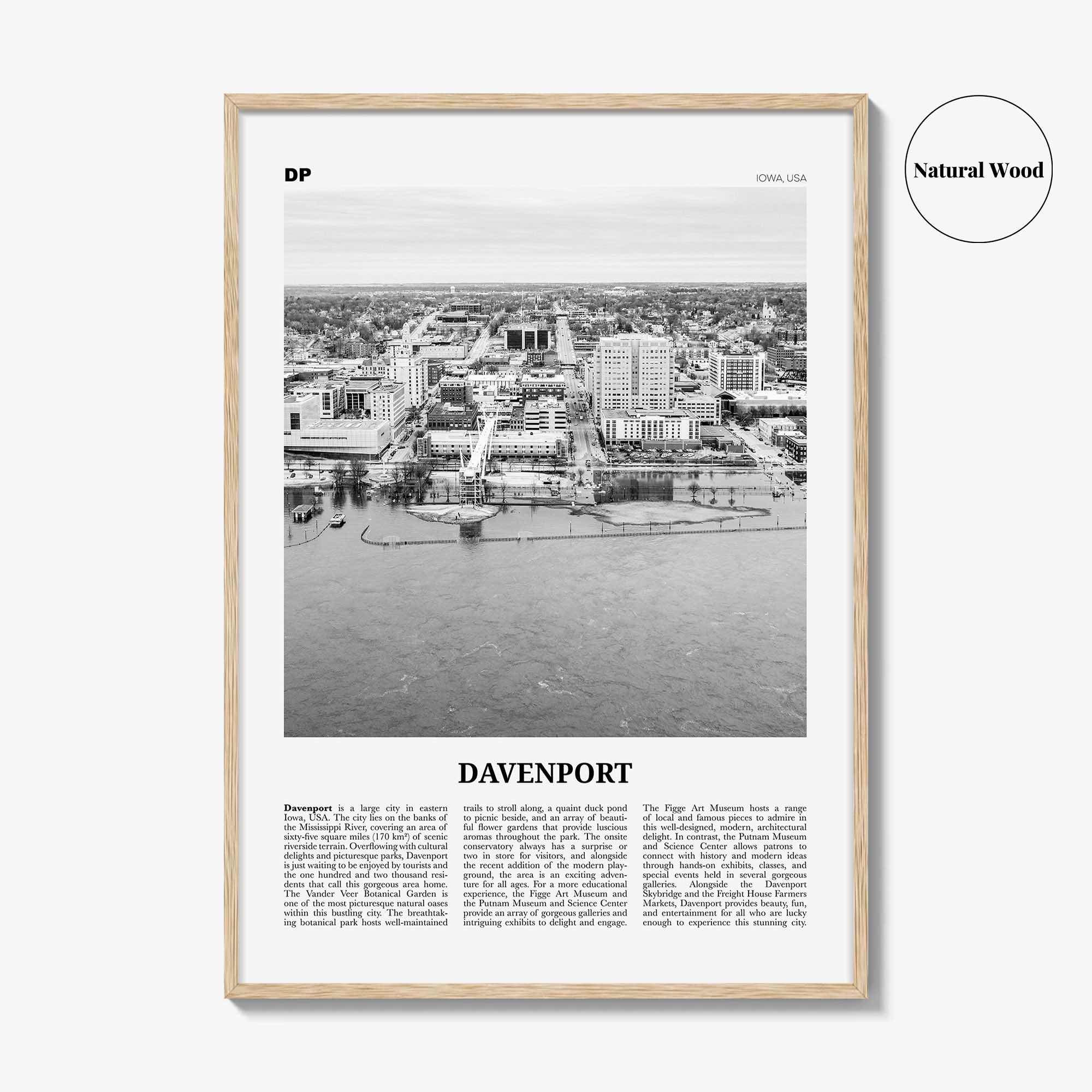 Davenport Print Black and White, Davenport Wall Art, Davenport Poster, Davenport Photo, Davenport Map, Davenport Wall Decor, Iowa, USA