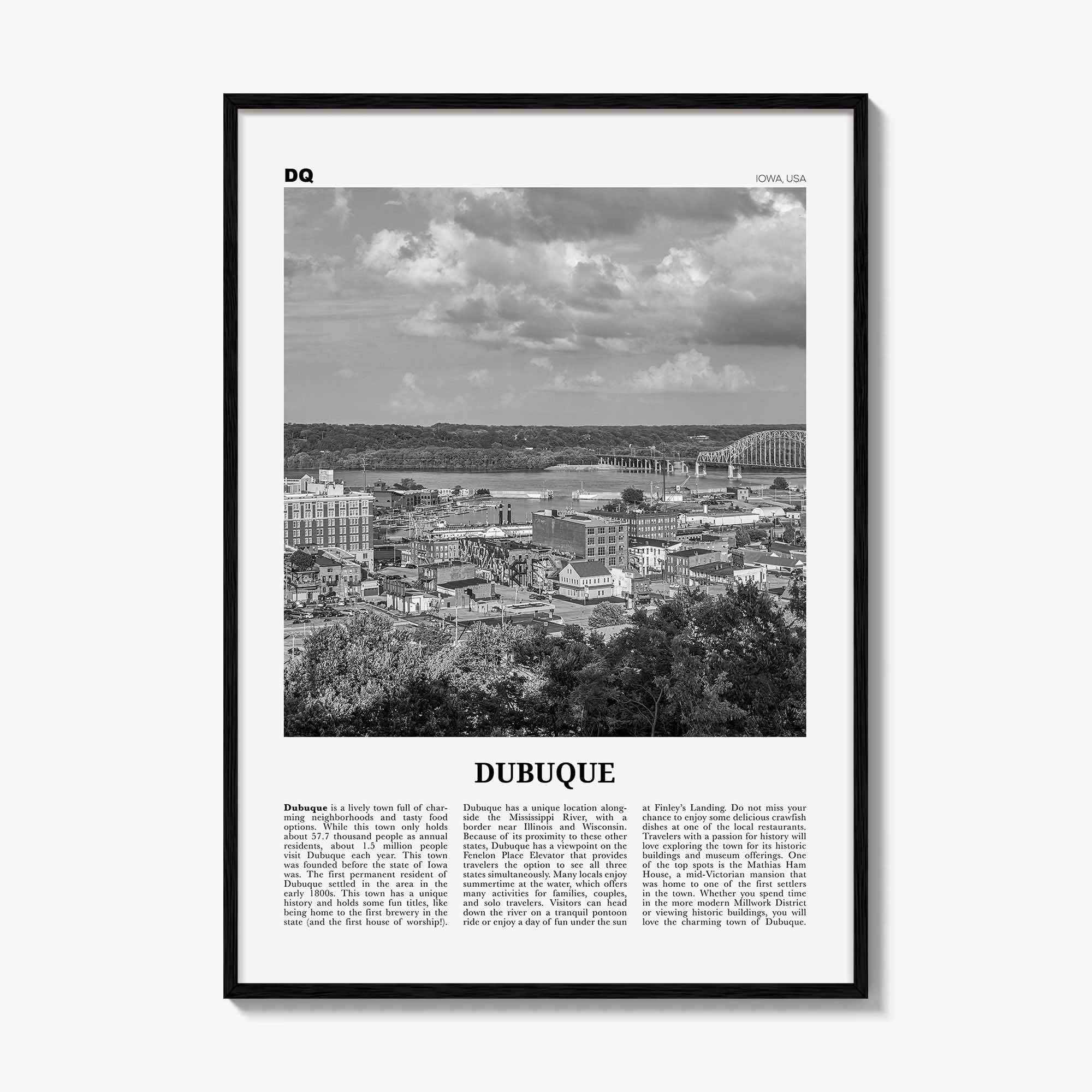 Dubuque Print Black and White, Dubuque Wall Art, Dubuque Poster, Dubuque Photo, Dubuque Wall Décor, Dubuque Map, Iowa, USA