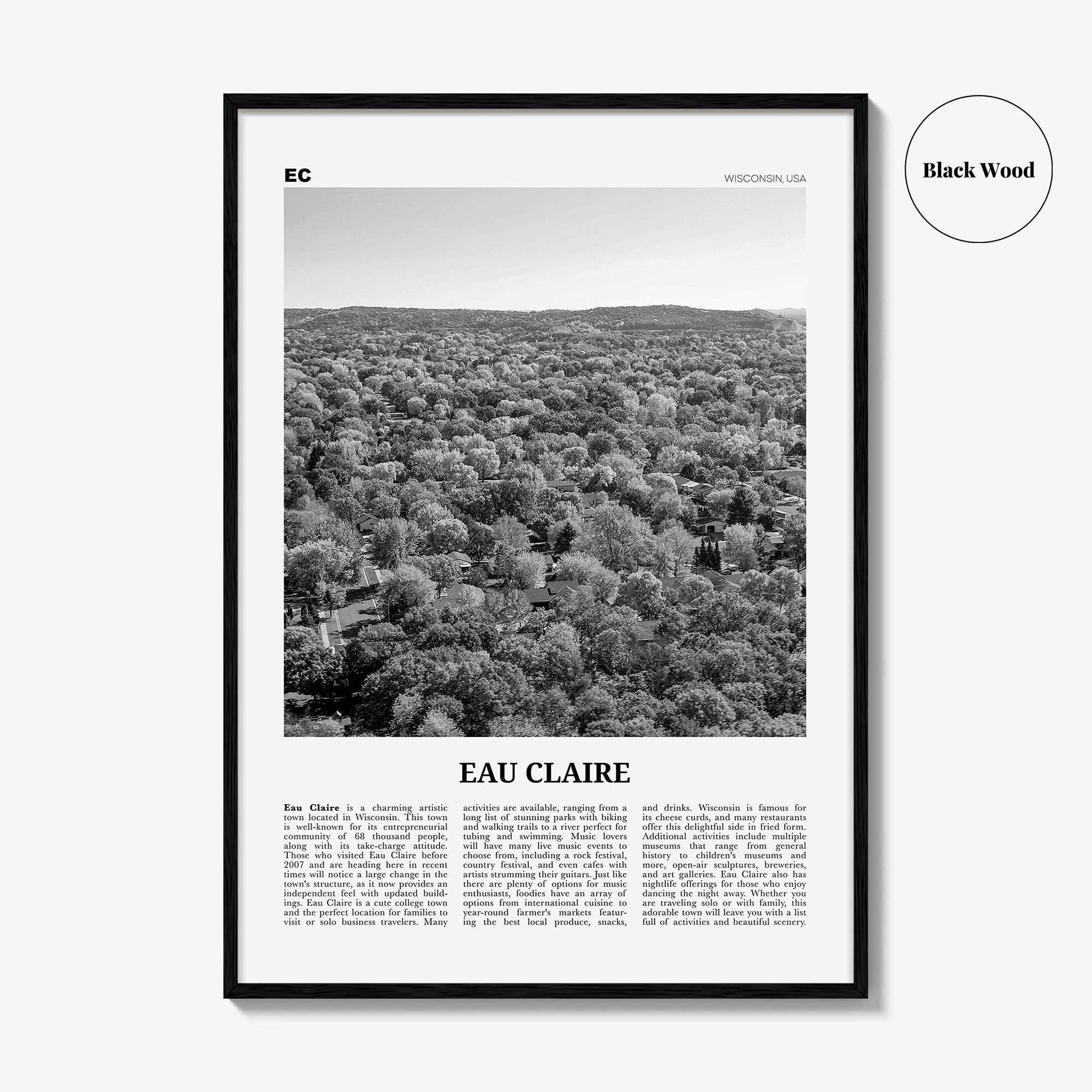 Eau Claire Print Black and White, Eau Claire Wall Art, Eau Claire Poster, Eau Claire Photo, Eau Claire Wall Décor, Eau Claire Map, Wisconsin
