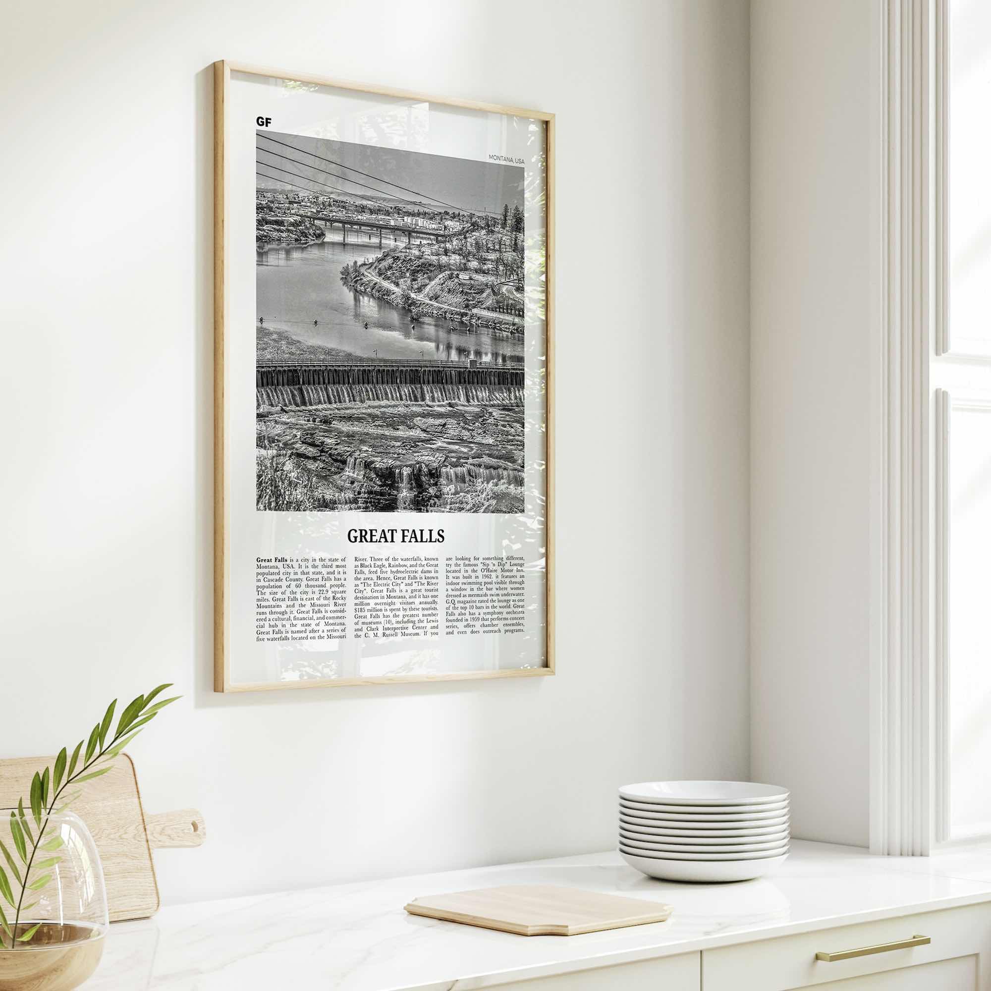 Great Falls Print Black and White Montana, Great Falls Wall Art, Great Falls Poster, Great Falls Photo, Great Falls Map, Montana, USA