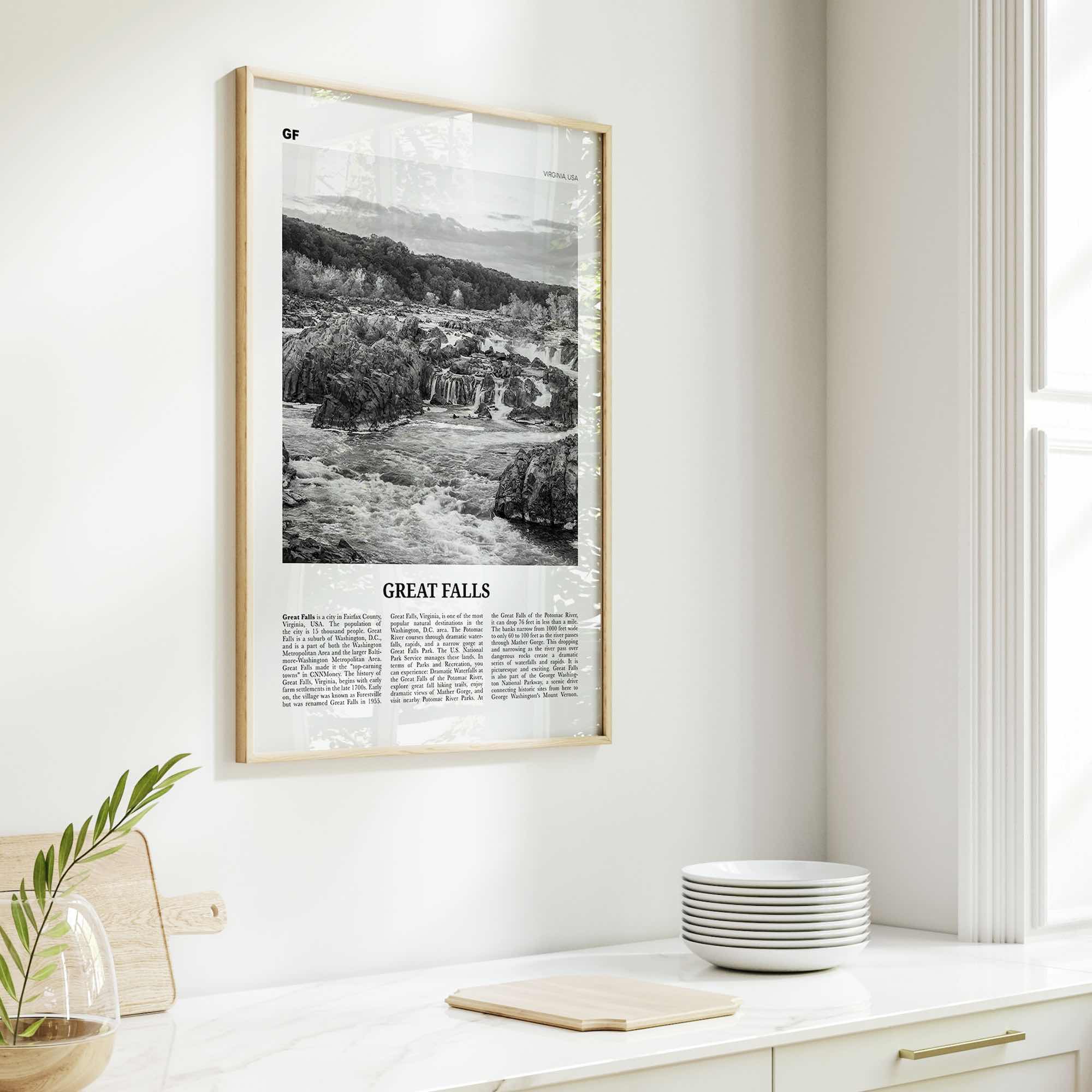 Great Falls Print Black and White Virginia, Great Falls Wall Art, Great Falls Poster, Great Falls Photo, Great Falls Map, Virginia, USA