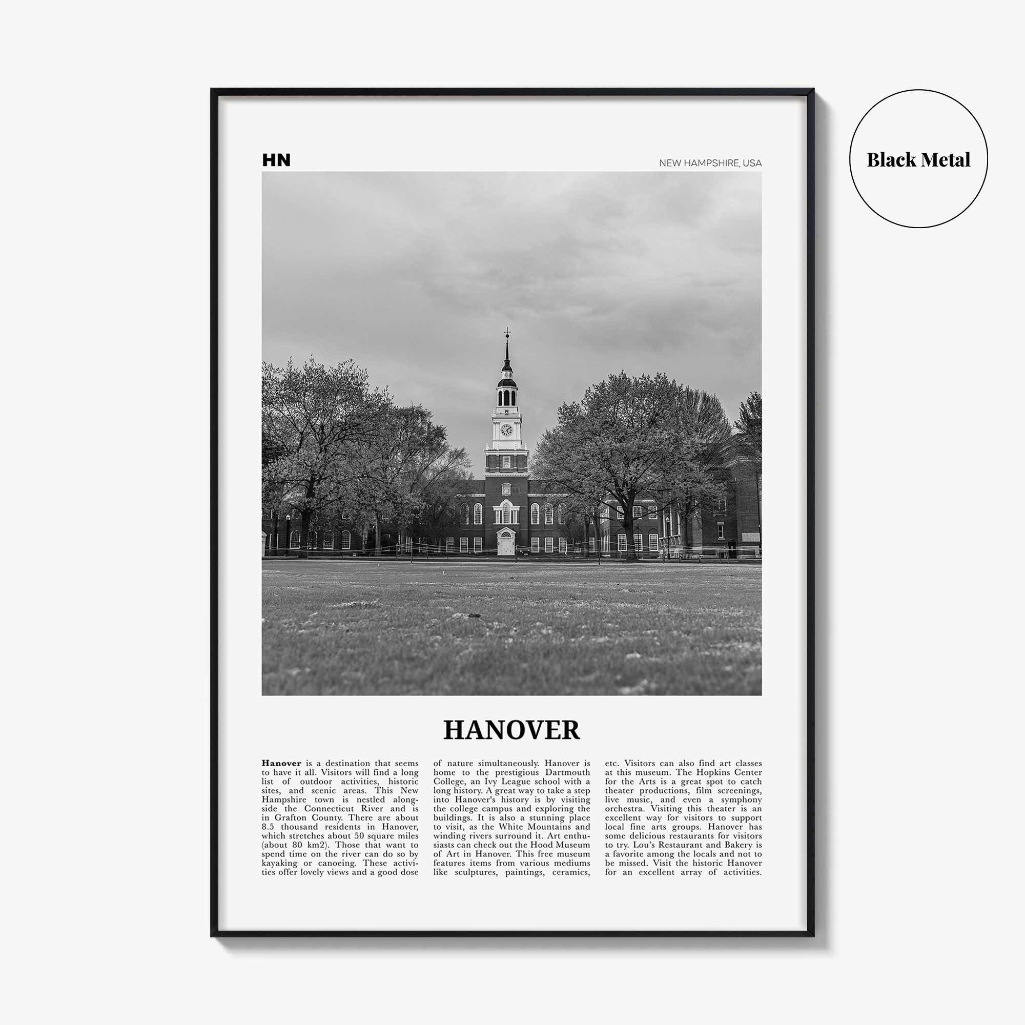 Hanover Print Black and White, Hanover Wall Art, Hanover Poster, Hanover Photo, Hanover Wall Décor, Hanover Map, New Hampshire, USA