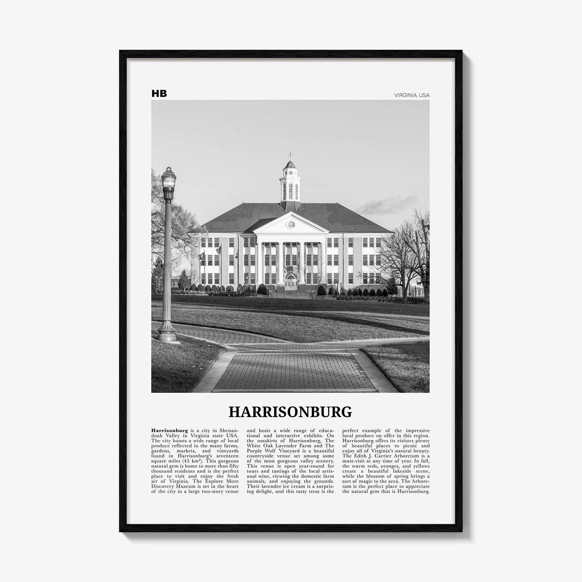Harrisonburg Print Black and White, Harrisonburg Wall Art, Harrisonburg Poster, Harrisonburg Photo, Harrisonburg Map, Virginia, USA