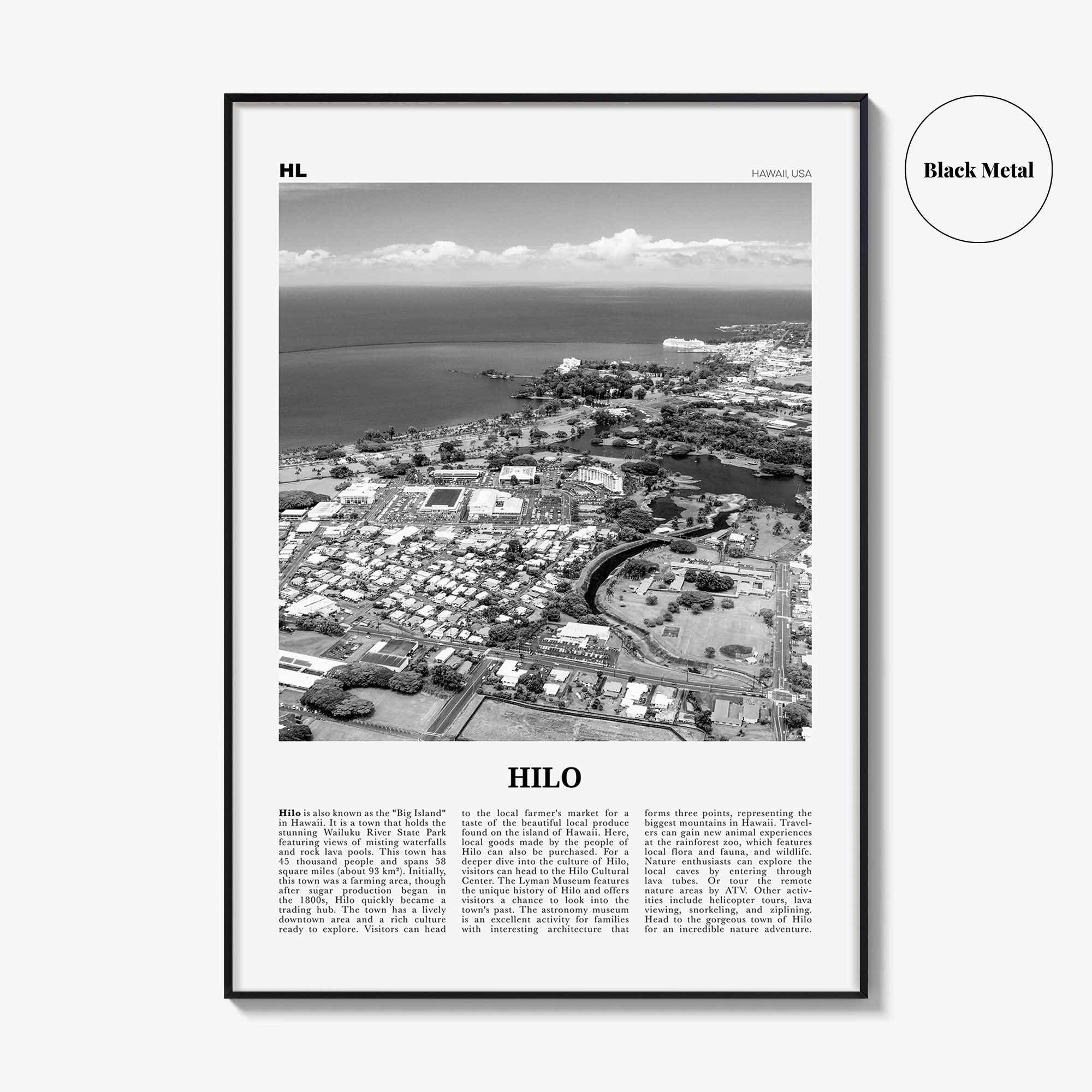 Hilo Print Black and White, Hilo Wall Art, Hilo Poster, Hilo Photo, Hilo Wall Décor, Hilo Map, Hawaii, USA