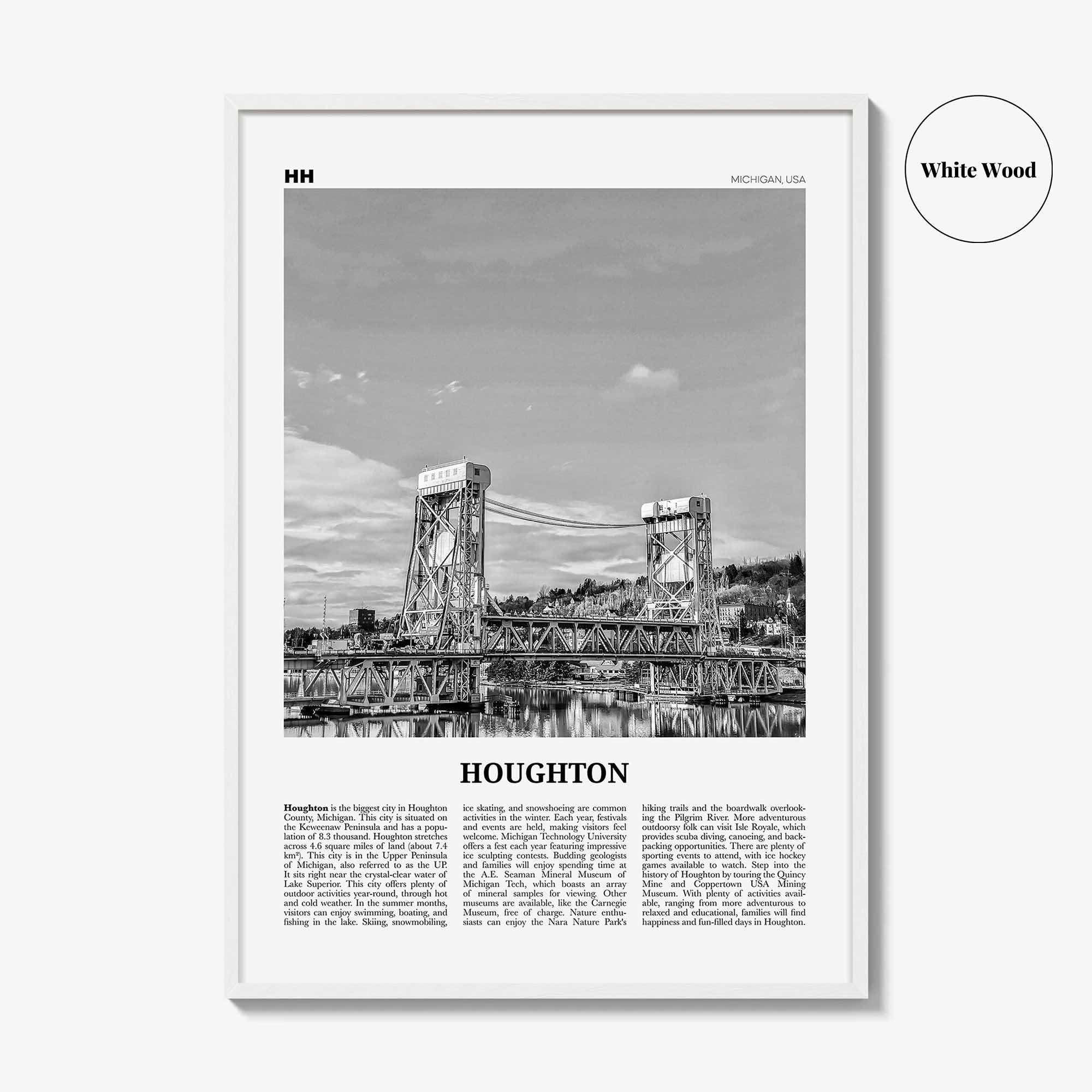 Houghton Print Black and White, Houghton Wall Art, Houghton Poster, Houghton Photo, Houghton Wall Décor, Houghton Map, Michigan, USA