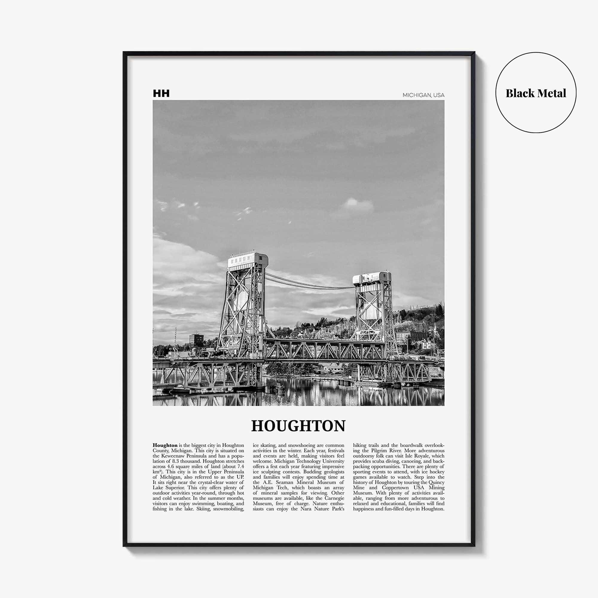 Houghton Print Black and White, Houghton Wall Art, Houghton Poster, Houghton Photo, Houghton Wall Décor, Houghton Map, Michigan, USA