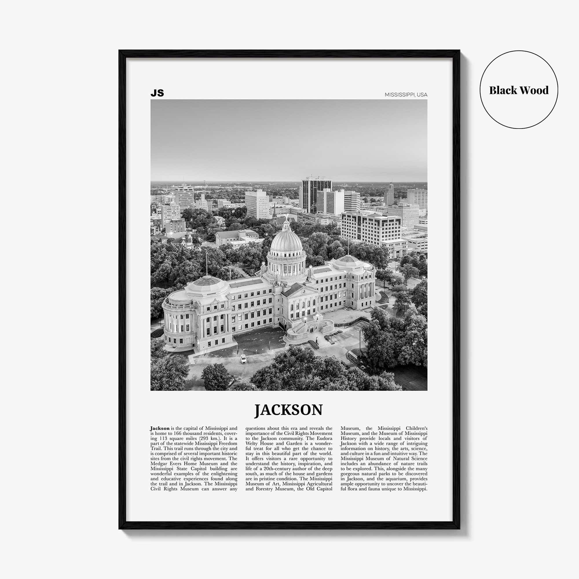 Jackson Print Black and White Mississippi No 1, Jackson Wall Art, Jackson Poster, Jackson Photo, Jackson Map, United States