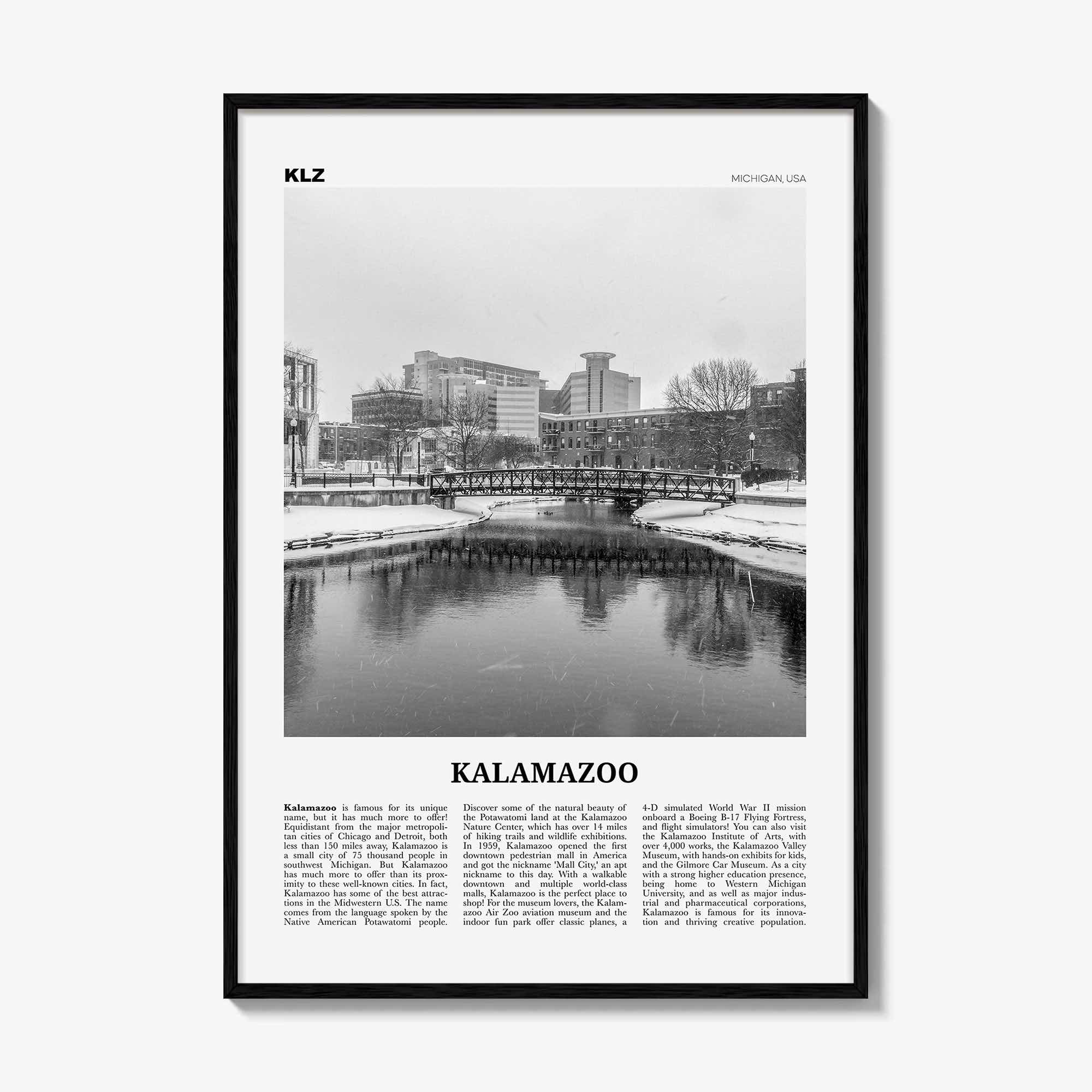 Kalamazoo Print Black and White, Kalamazoo Wall Art, Kalamazoo Poster, Kalamazoo Photo, Kalamazoo Wall Décor, Michigan, USA, United States