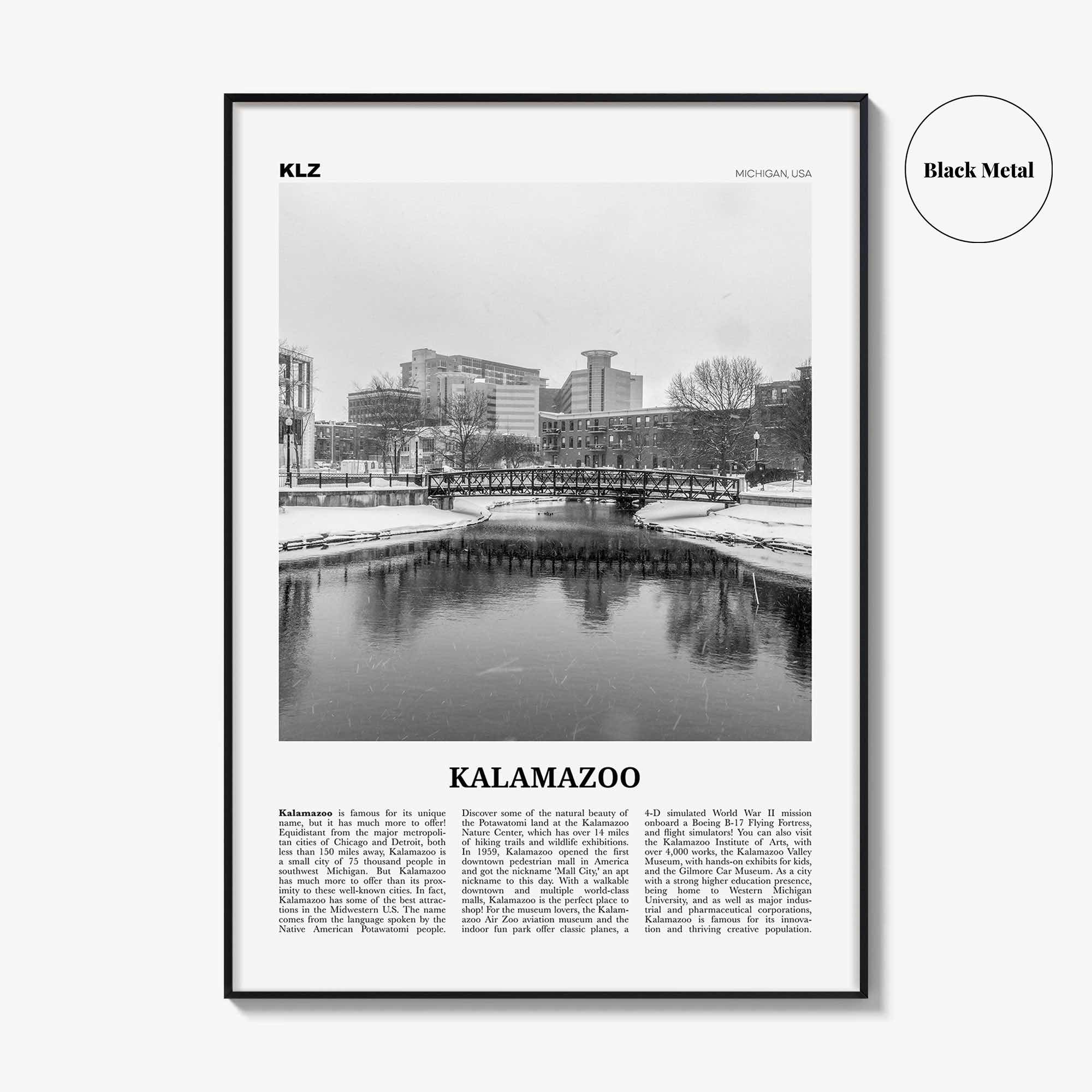 Kalamazoo Print Black and White, Kalamazoo Wall Art, Kalamazoo Poster, Kalamazoo Photo, Kalamazoo Wall Décor, Michigan, USA, United States