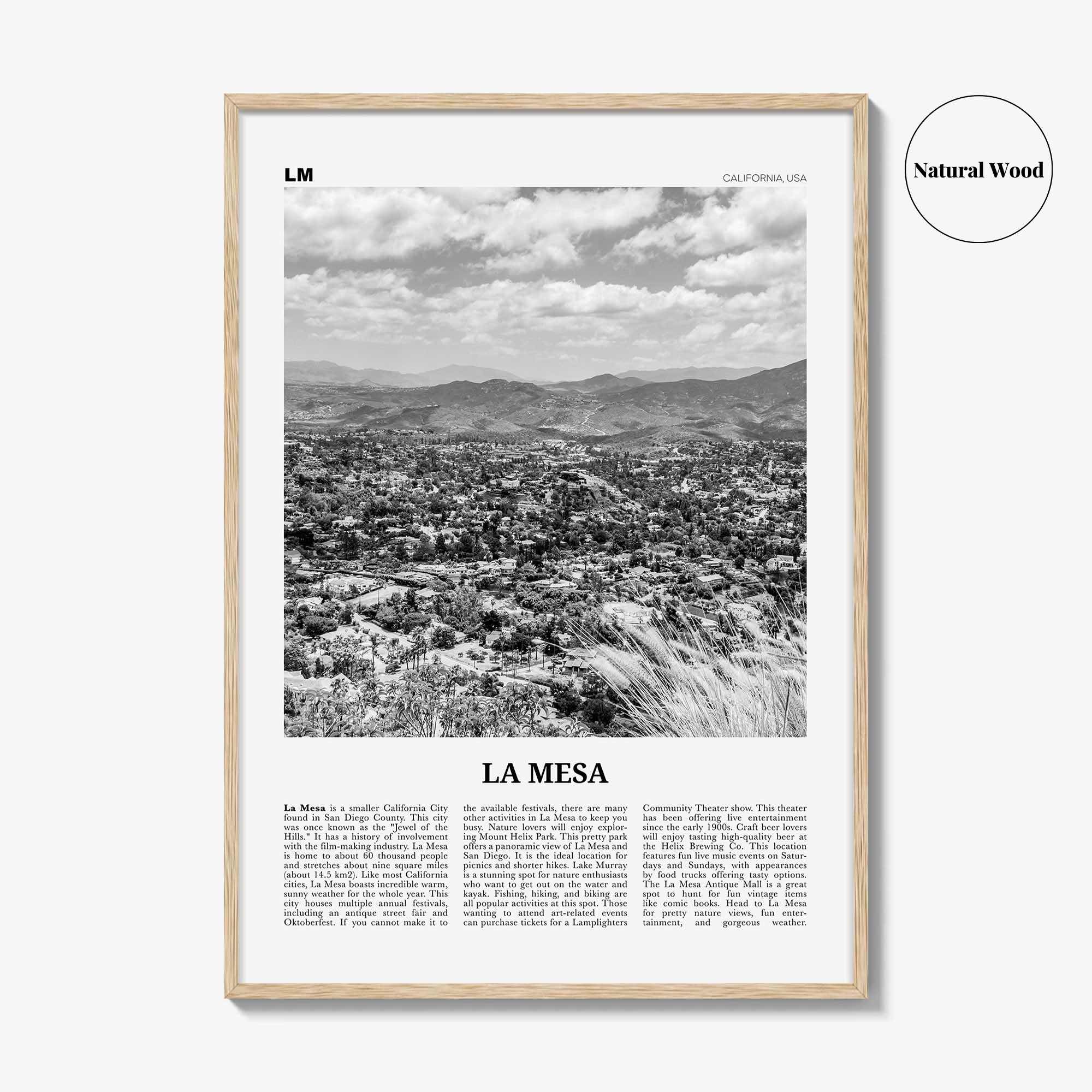 La Mesa Print Black and White, La Mesa Wall Art, La Mesa Poster, La Mesa Photo, La Mesa Wall Décor, La Mesa Map, California, USA