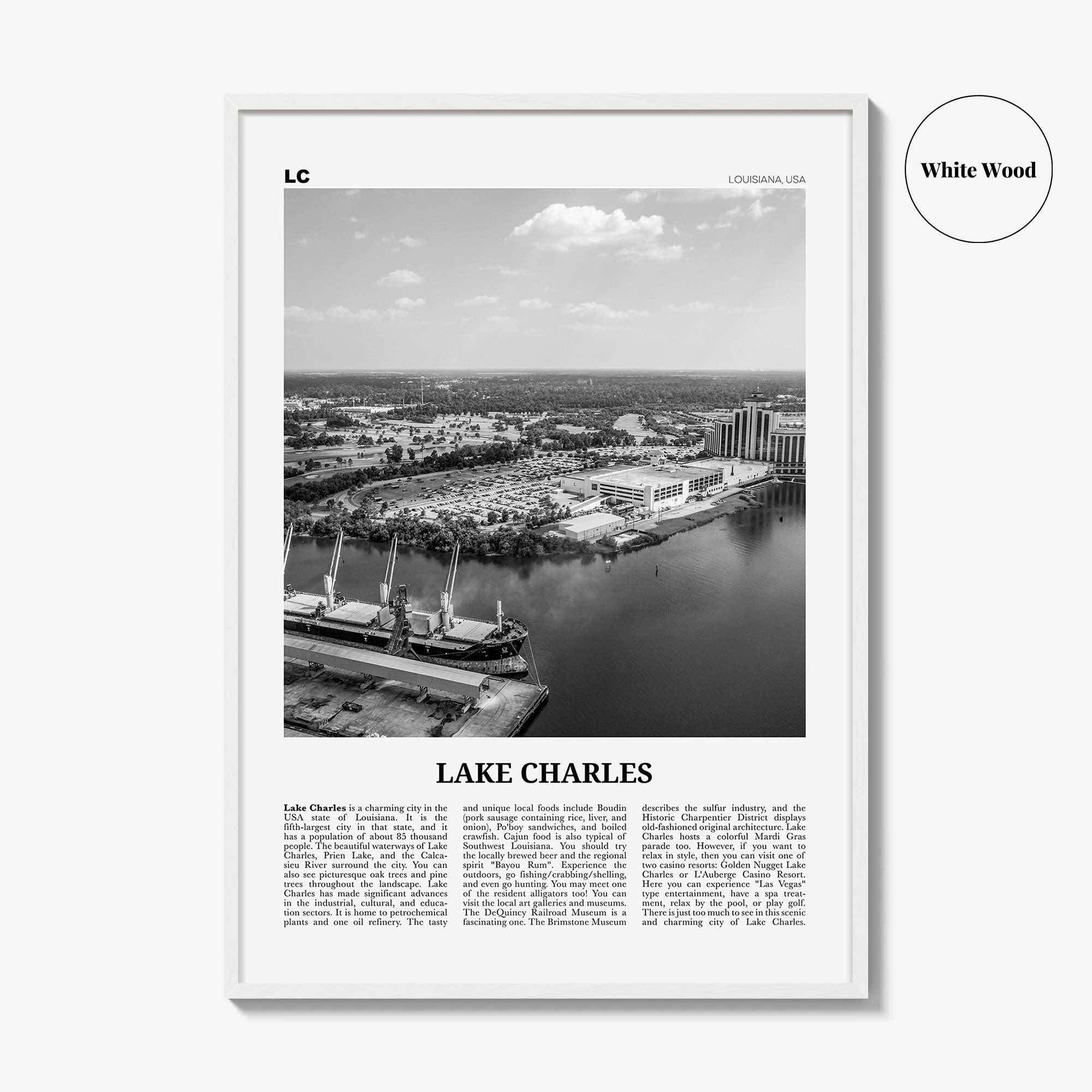 Lake Charles Print Black and White, Lake Charles Wall Art, Lake Charles Poster, Lake Charles Photo, Lake Charles Map, Louisiana, USA