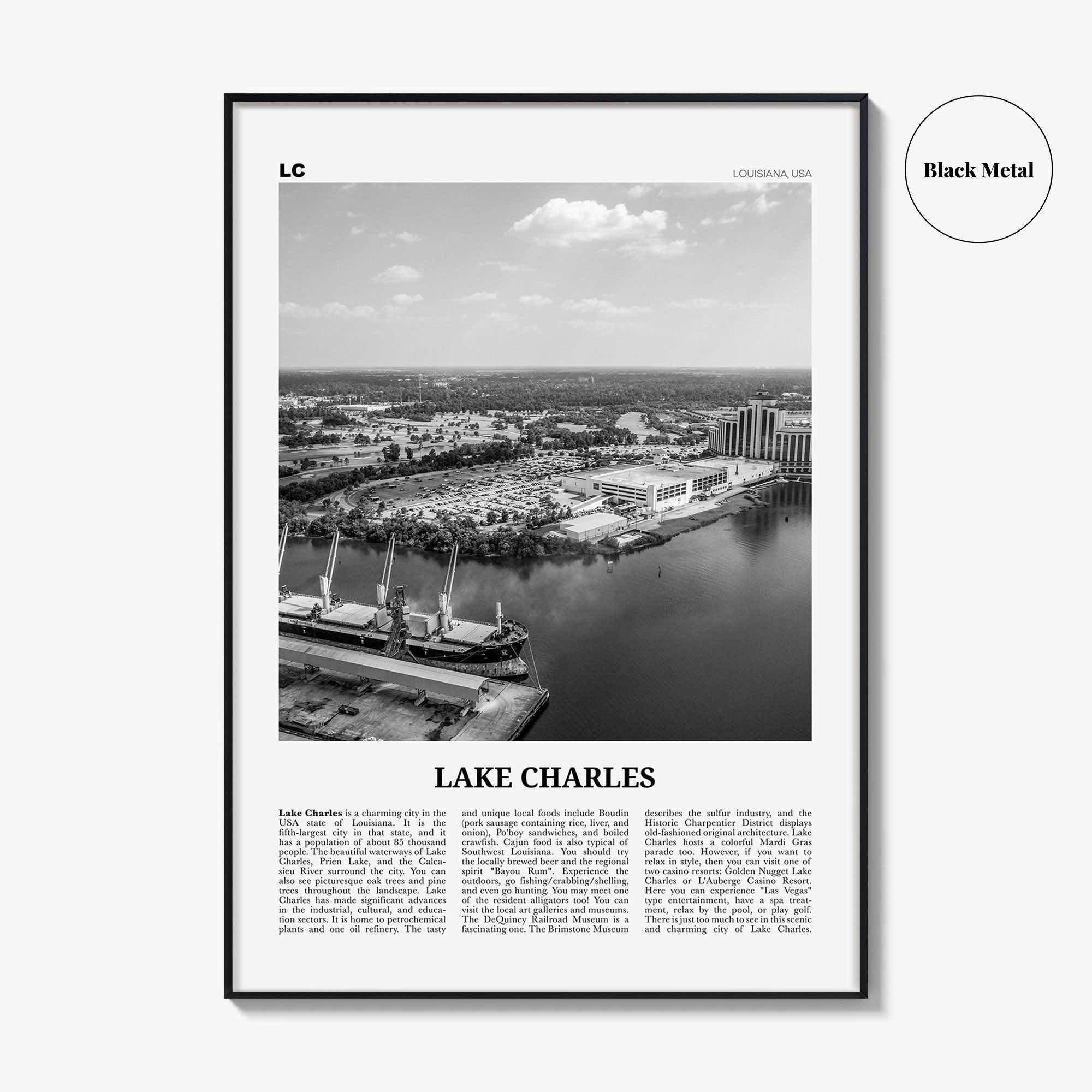 Lake Charles Print Black and White, Lake Charles Wall Art, Lake Charles Poster, Lake Charles Photo, Lake Charles Map, Louisiana, USA