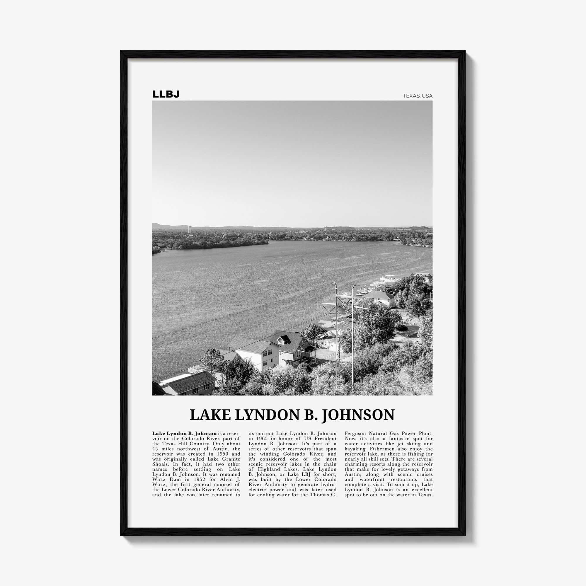 Lake Lyndon B Johnson Print Black and White, Lake Lyndon B. Johnson Wall Art, Poster, Photo, Wall Décor, Lake Lyndon B. Johnson Map,