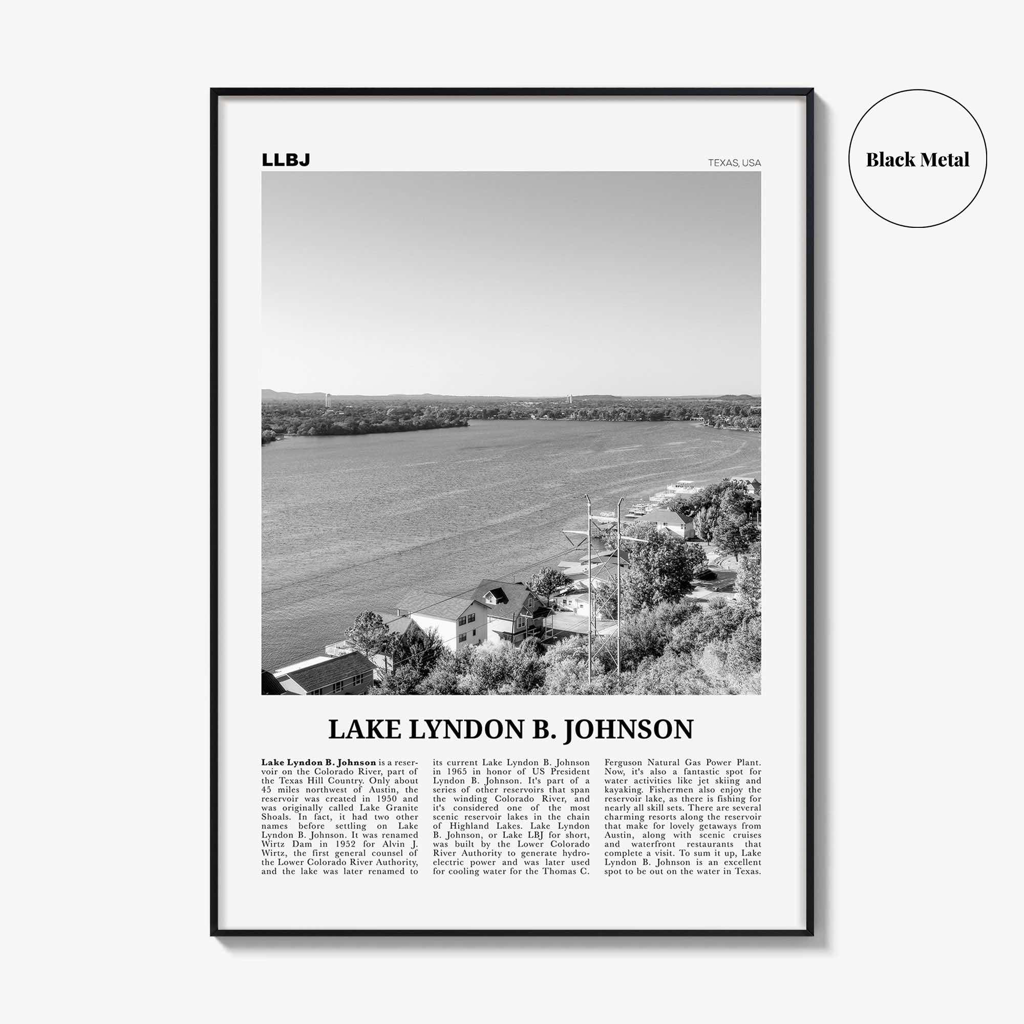 Lake Lyndon B Johnson Print Black and White, Lake Lyndon B. Johnson Wall Art, Poster, Photo, Wall Décor, Lake Lyndon B. Johnson Map,