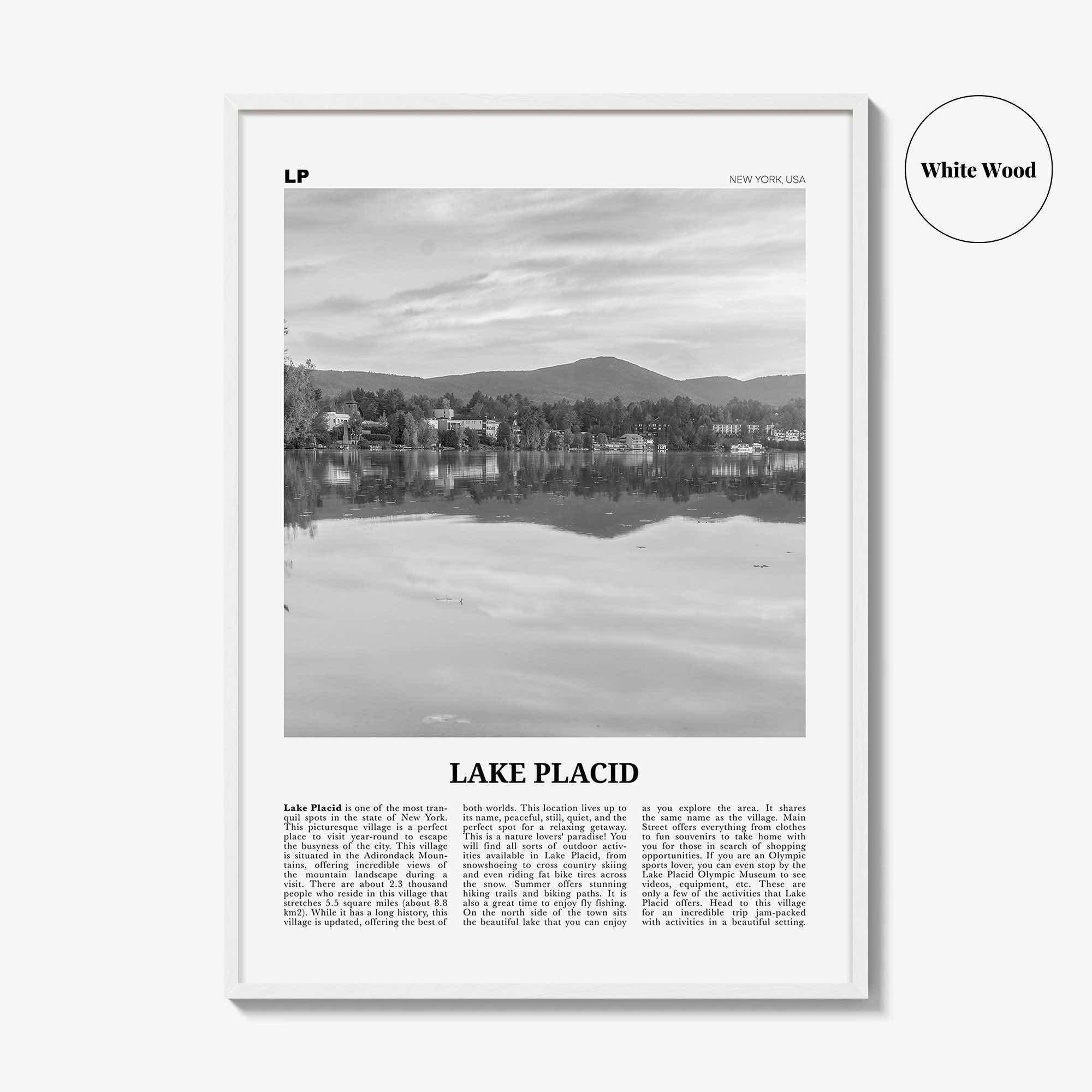 Lake Placid Print Black and White, Lake Placid Wall Art, Lake Placid Poster, Lake Placid Photo, Lake Placid Map, New York, USA