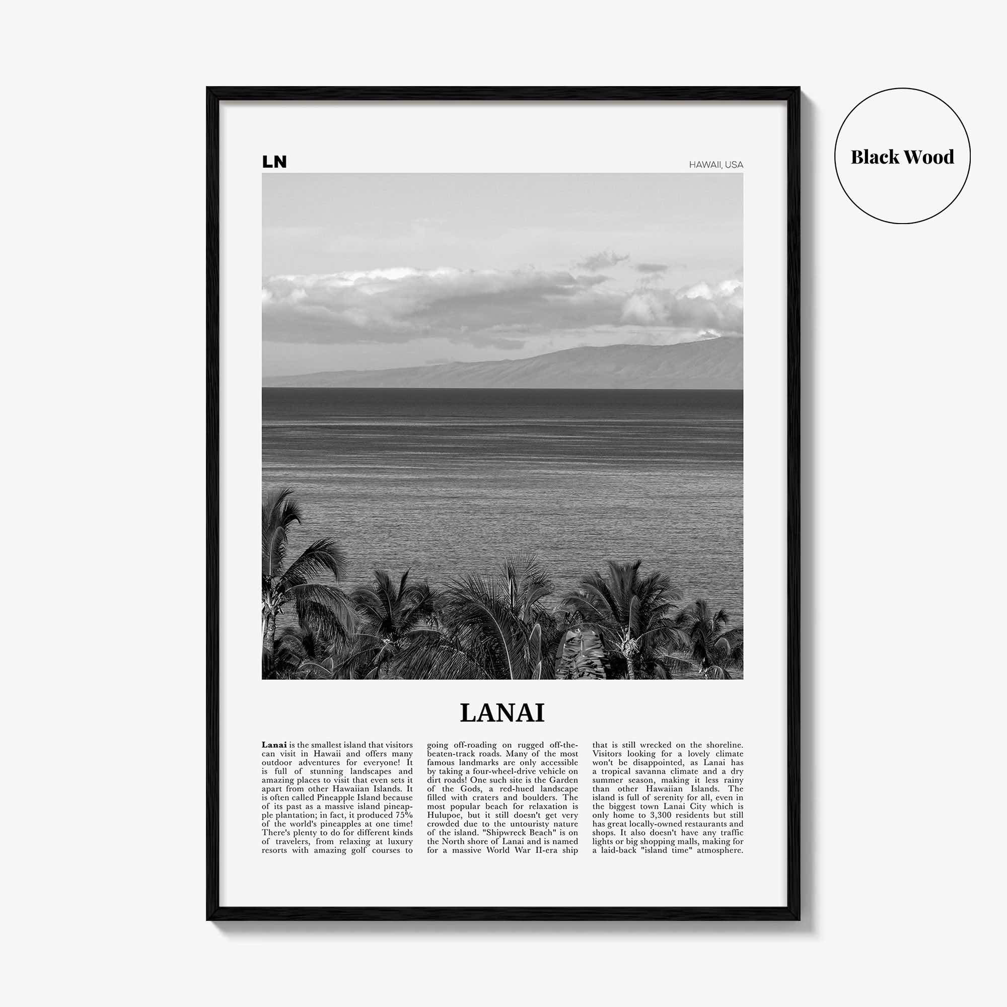 Lanai Print Black and White, Lanai Wall Art, Lanai Poster, Lanai Photo, Lanai Wall Décor, Lanai Map, Hawaii, USA