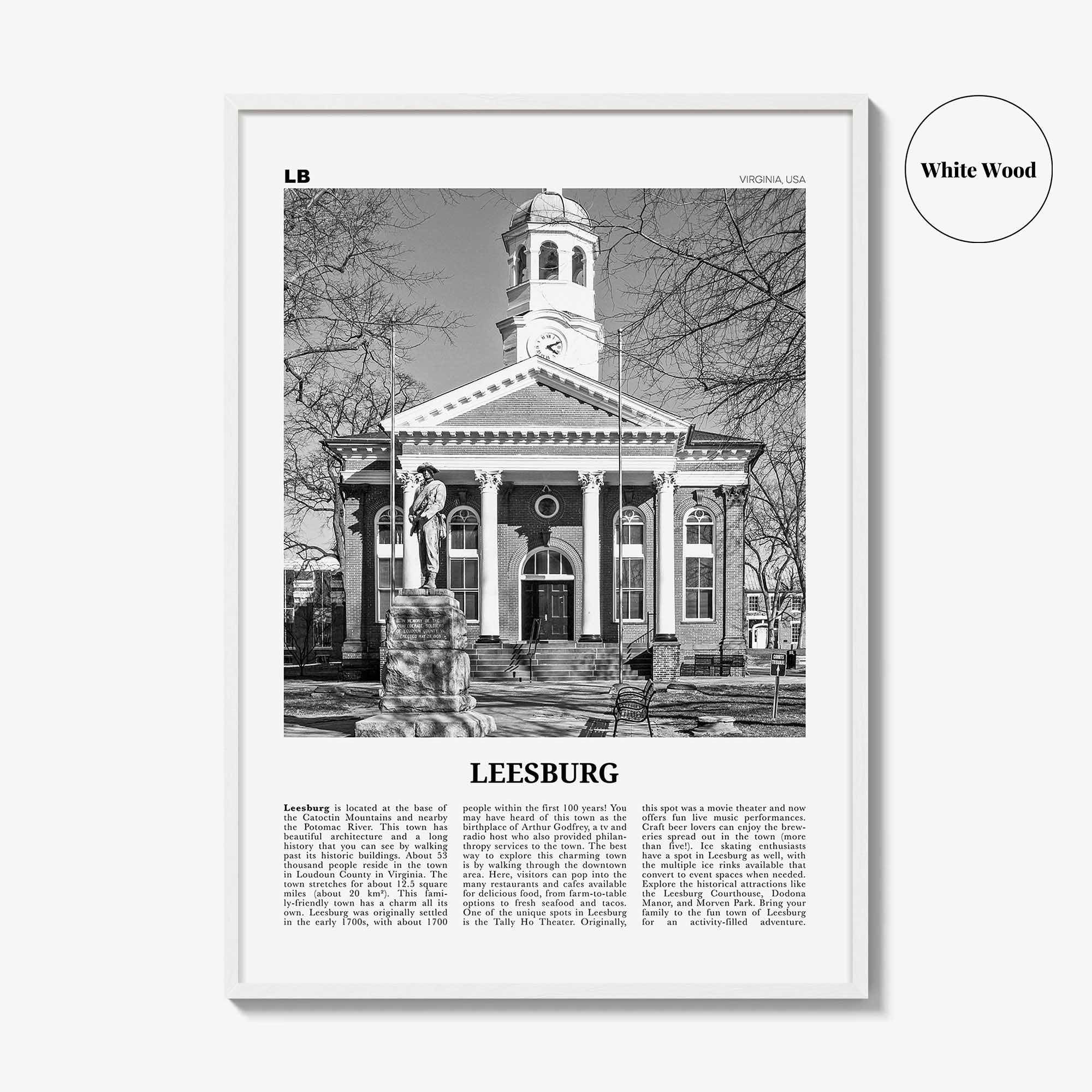 Leesburg Print Black and White, Leesburg Wall Art, Leesburg Poster, Leesburg Photo, Leesburg Wall Décor, Leesburg Map, Virginia, USA