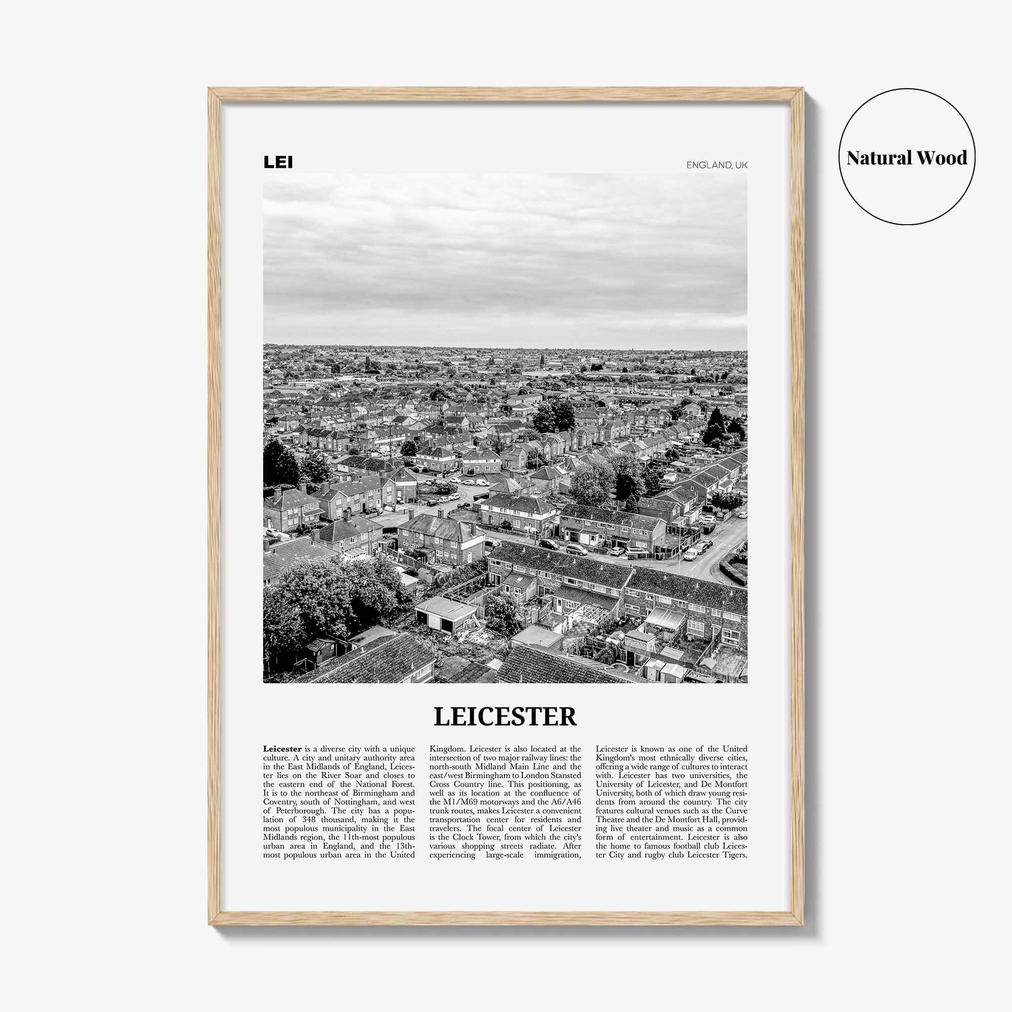 Leicester Print Black and White, Leicester Wall Art, Leicester Poster, Leicester Photo, Leicestershire, England, UK, United Kingdom Europe