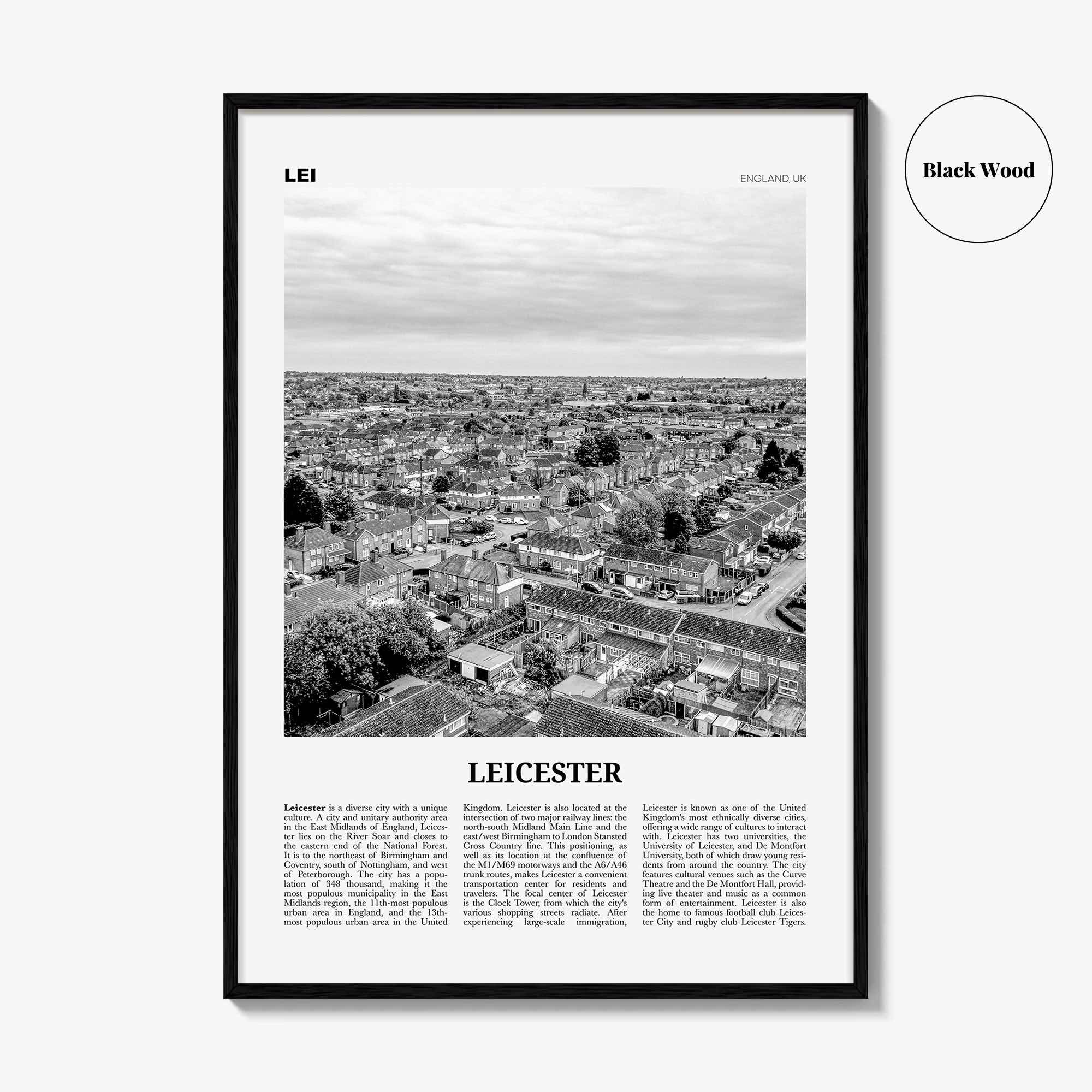 Leicester Print Black and White, Leicester Wall Art, Leicester Poster, Leicester Photo, Leicestershire, England, UK, United Kingdom Europe