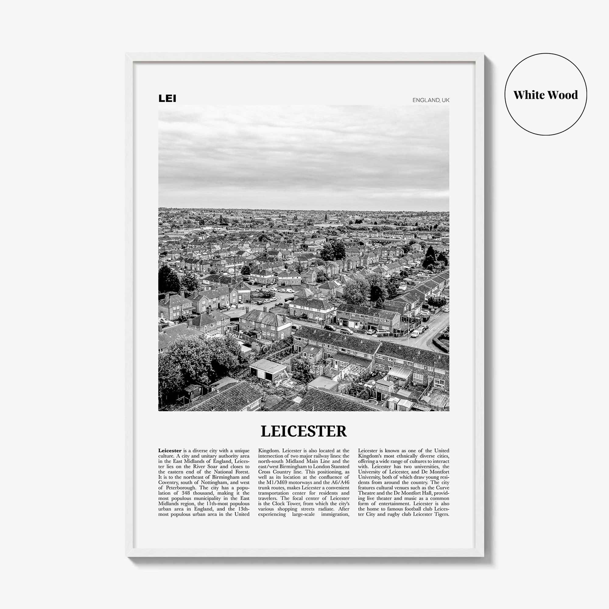 Leicester Print Black and White, Leicester Wall Art, Leicester Poster, Leicester Photo, Leicestershire, England, UK, United Kingdom Europe