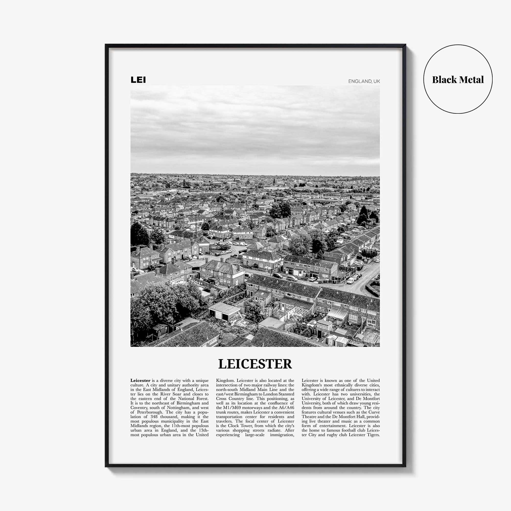 Leicester Print Black and White, Leicester Wall Art, Leicester Poster, Leicester Photo, Leicestershire, England, UK, United Kingdom Europe