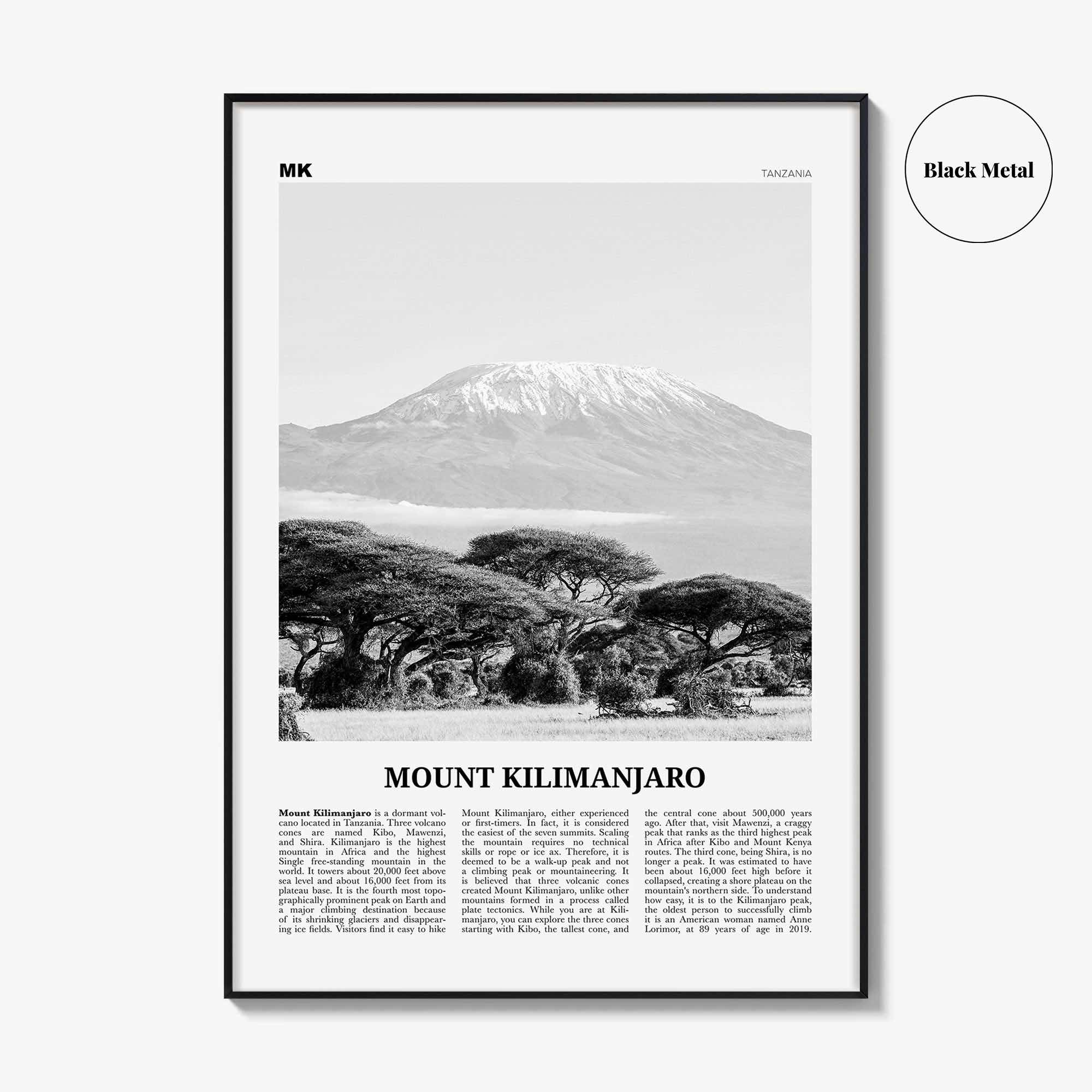Mount Kilimanjaro Print Black and White, Mount Kilimanjaro Wall Art, Mount Kilimanjaro Poster, Mount Kilimanjaro Photo, Tanzania