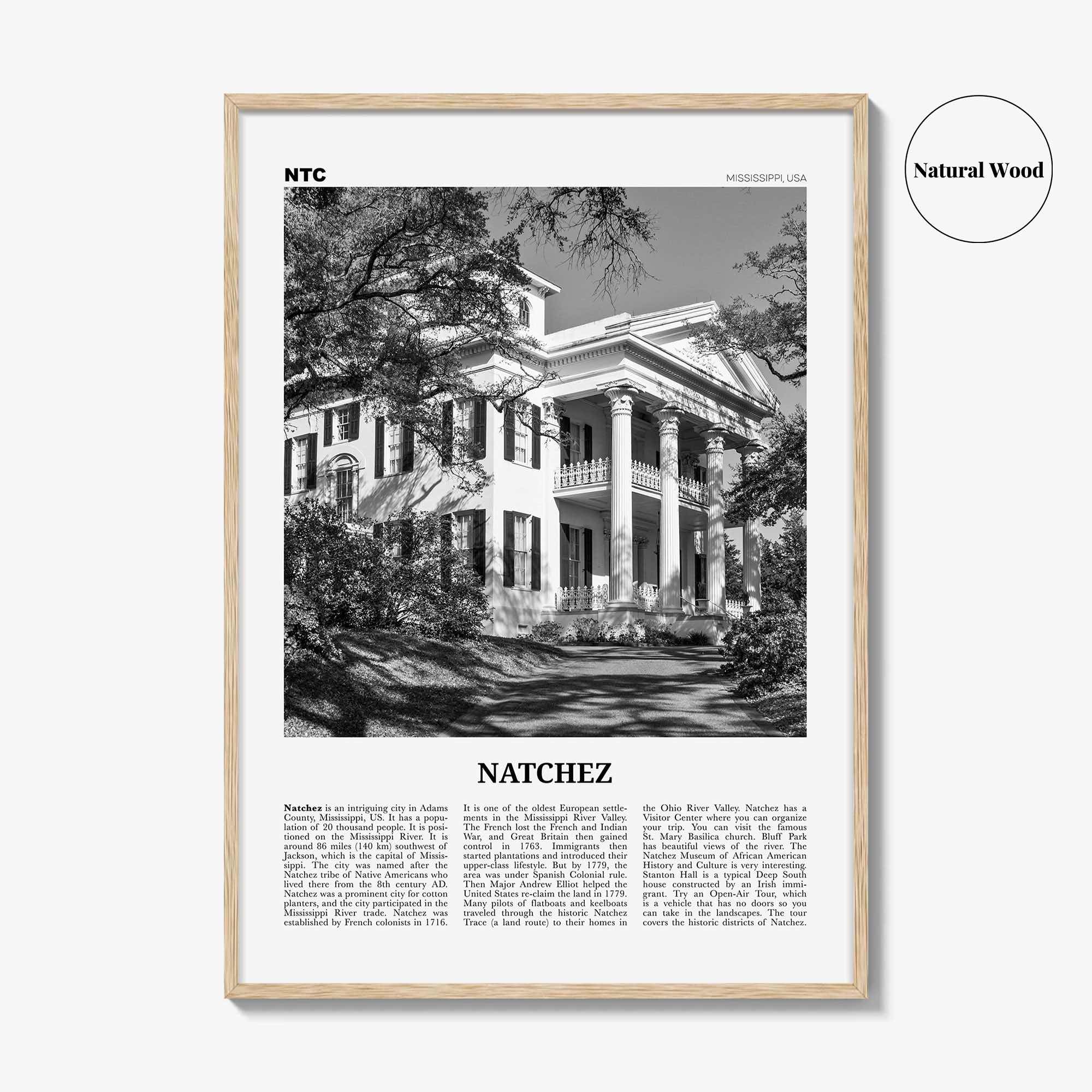 Natchez Print Black and White, Natchez Wall Art, Natchez Poster, Natchez Photo, Natchez Wall Décor, Natchez Map, Mississippi, USA