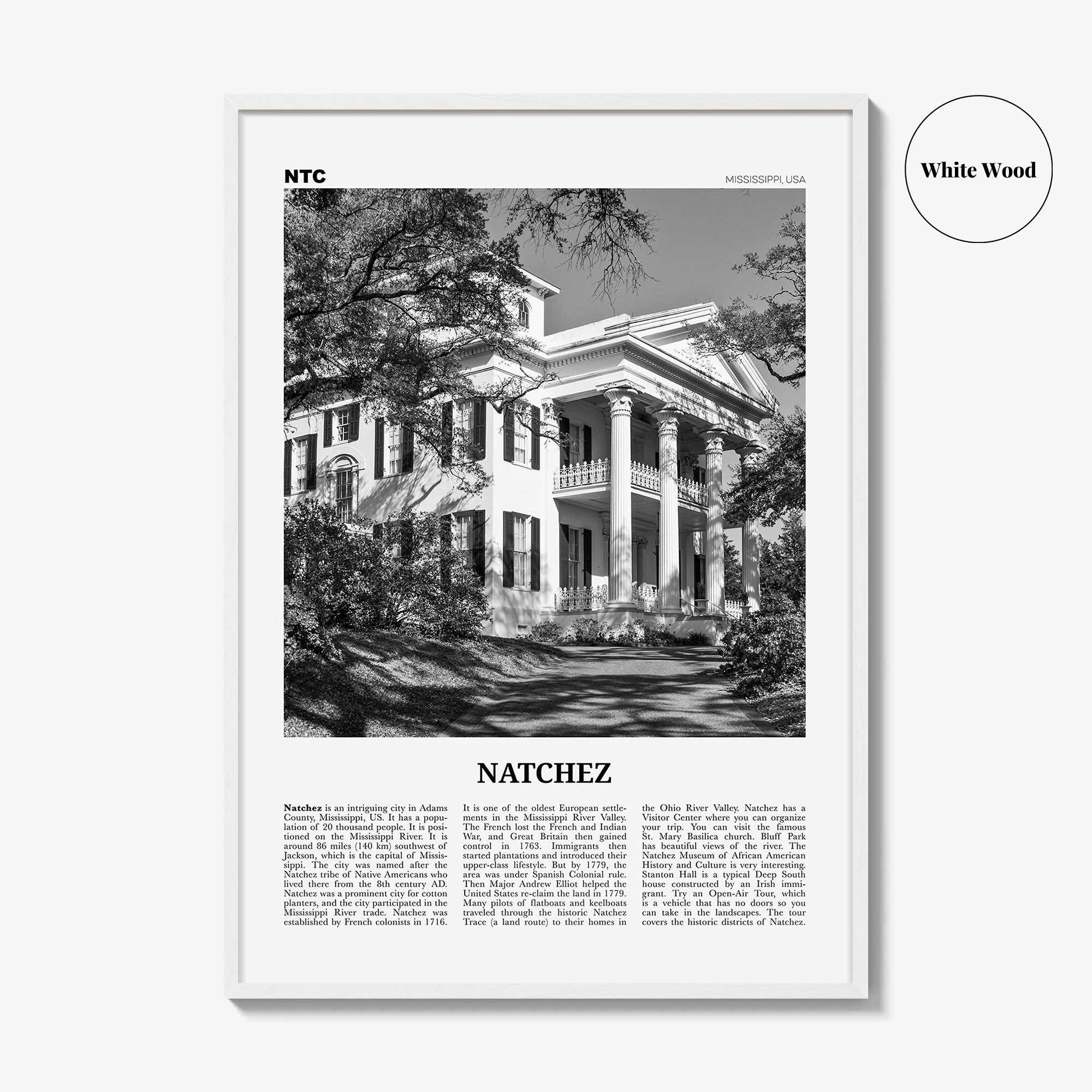 Natchez Print Black and White, Natchez Wall Art, Natchez Poster, Natchez Photo, Natchez Wall Décor, Natchez Map, Mississippi, USA