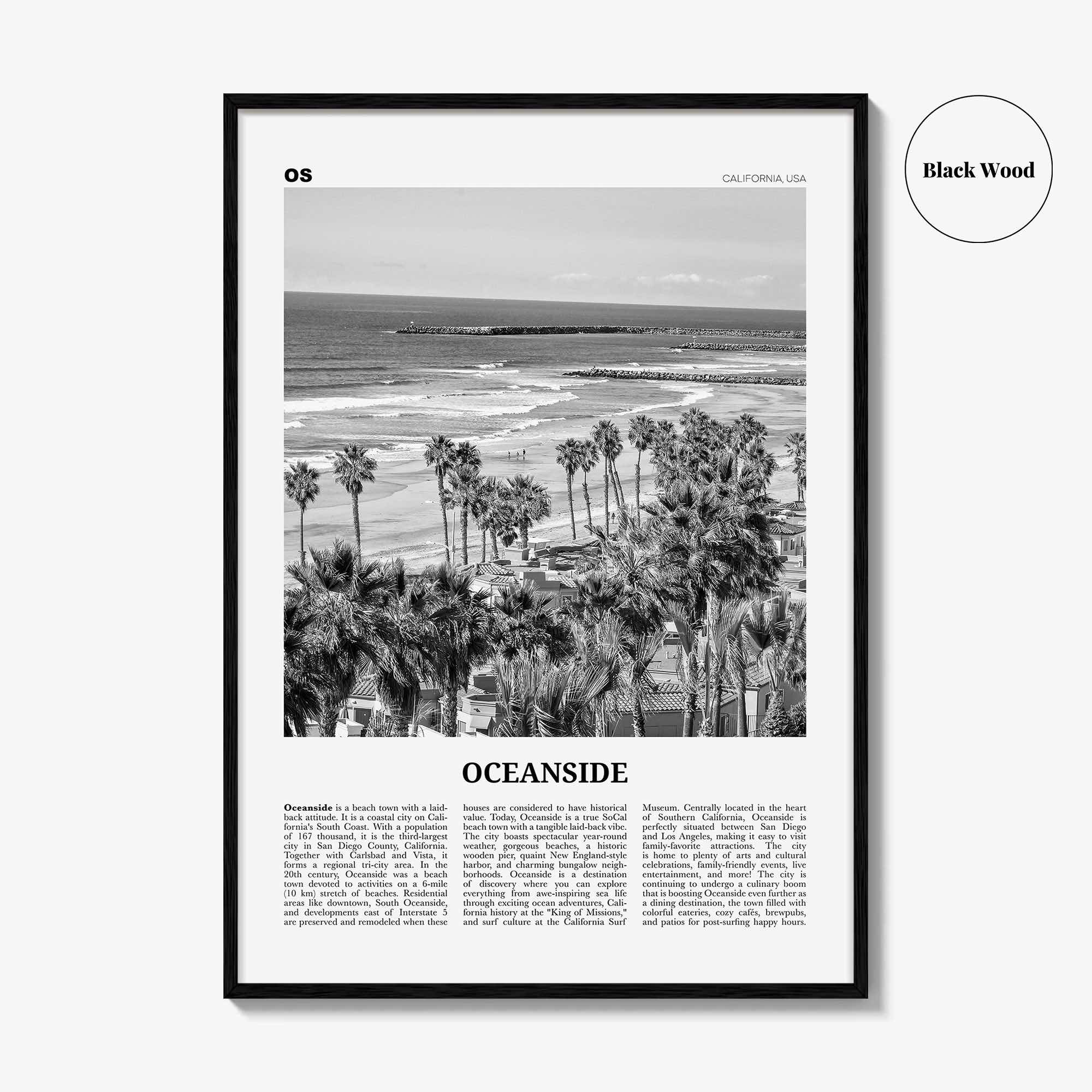 Oceanside Print Black and White No 1, Oceanside Wall Art, Oceanside Poster, Oceanside Photo, California, USA, United States, North America