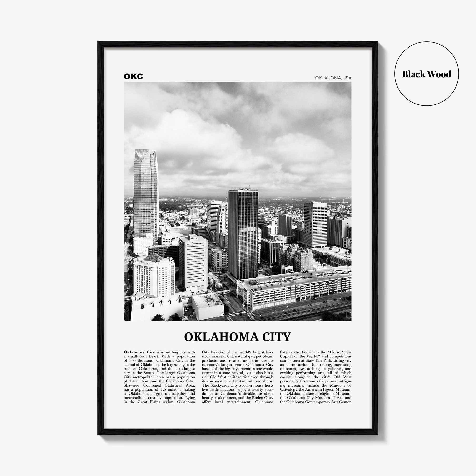 Oklahoma City Print Black and White No 2, Oklahoma City Wall Art, Oklahoma City Poster, Oklahoma City Photo, USA, United States, America