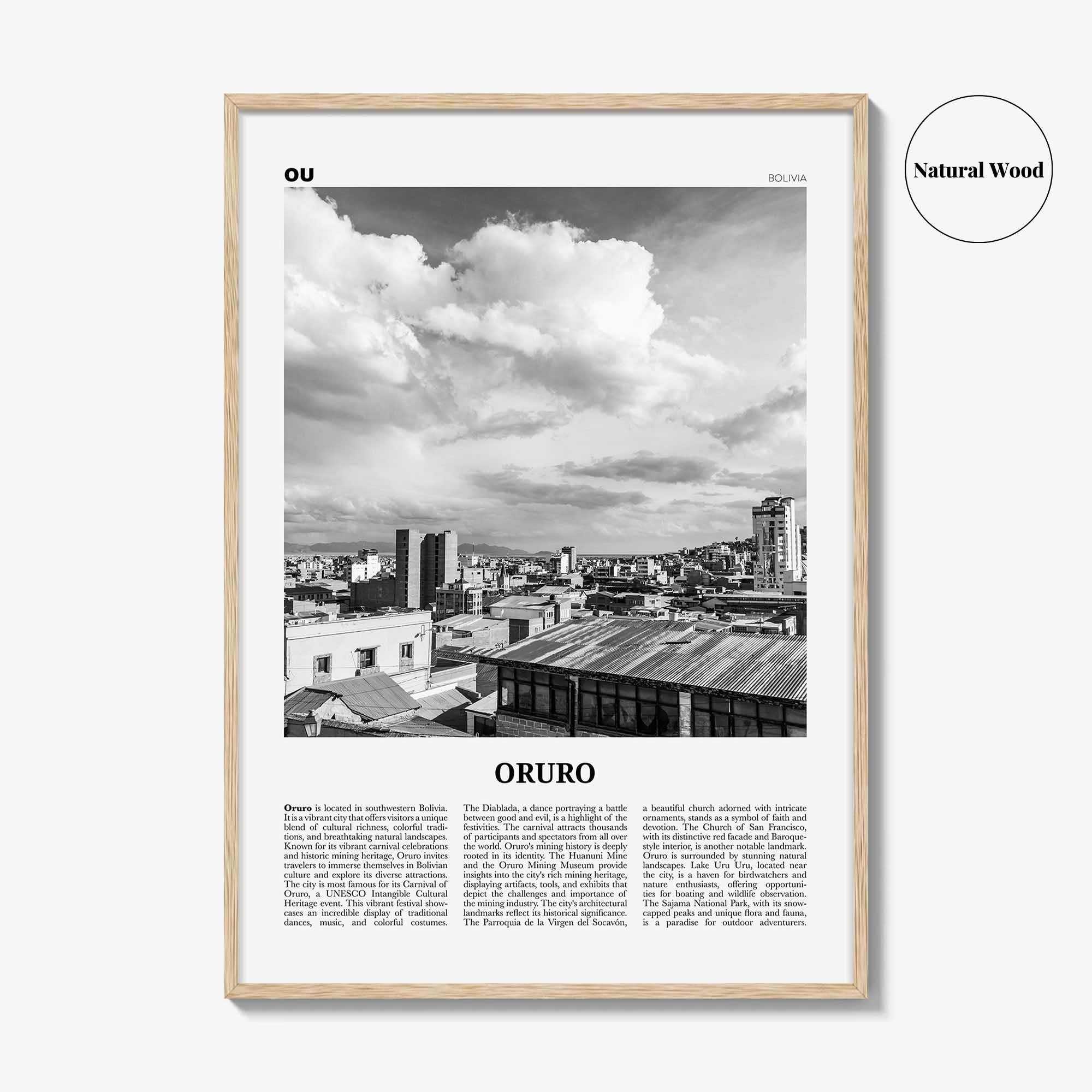 Oruro Print Black and White, Oruro Wall Art, Oruro Poster, Oruro Photo, Oruro Wall Décor, Oruro Map, Bolivia