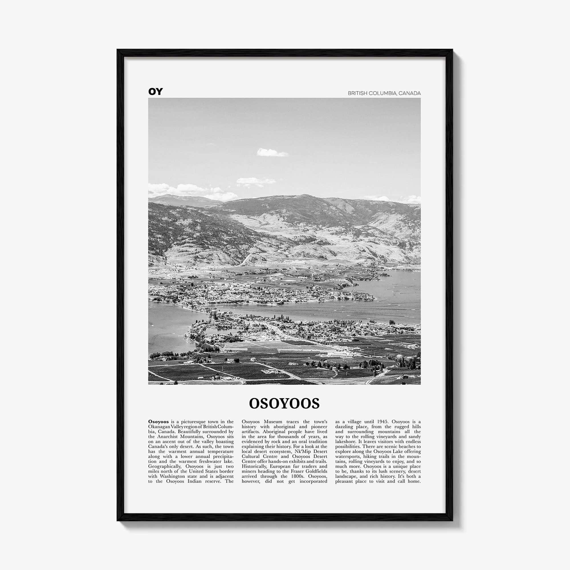 Osoyoos Print Black and White, Osoyoos Wall Art, Osoyoos Poster, Osoyoos Photo, Osoyoos Wall Décor, Osoyoos Map, British Columbia, Canada