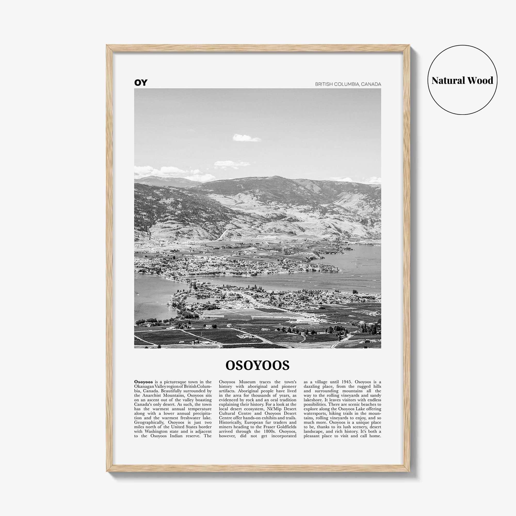 Osoyoos Print Black and White, Osoyoos Wall Art, Osoyoos Poster, Osoyoos Photo, Osoyoos Wall Décor, Osoyoos Map, British Columbia, Canada