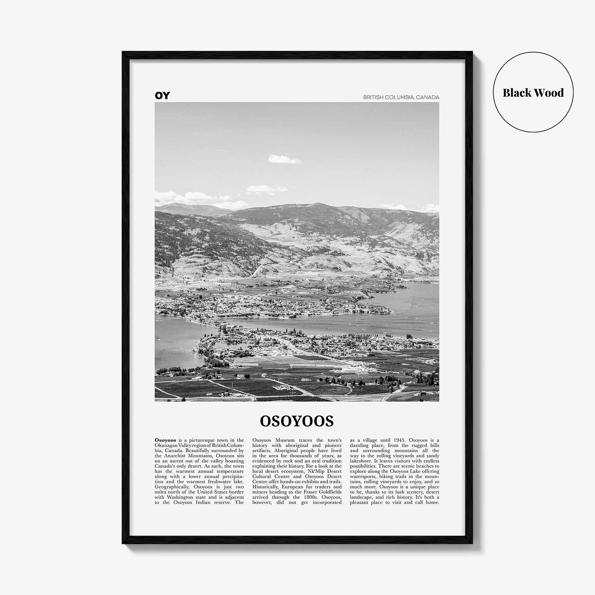 Osoyoos Print Black and White, Osoyoos Wall Art, Osoyoos Poster, Osoyoos Photo, Osoyoos Wall Décor, Osoyoos Map, British Columbia, Canada