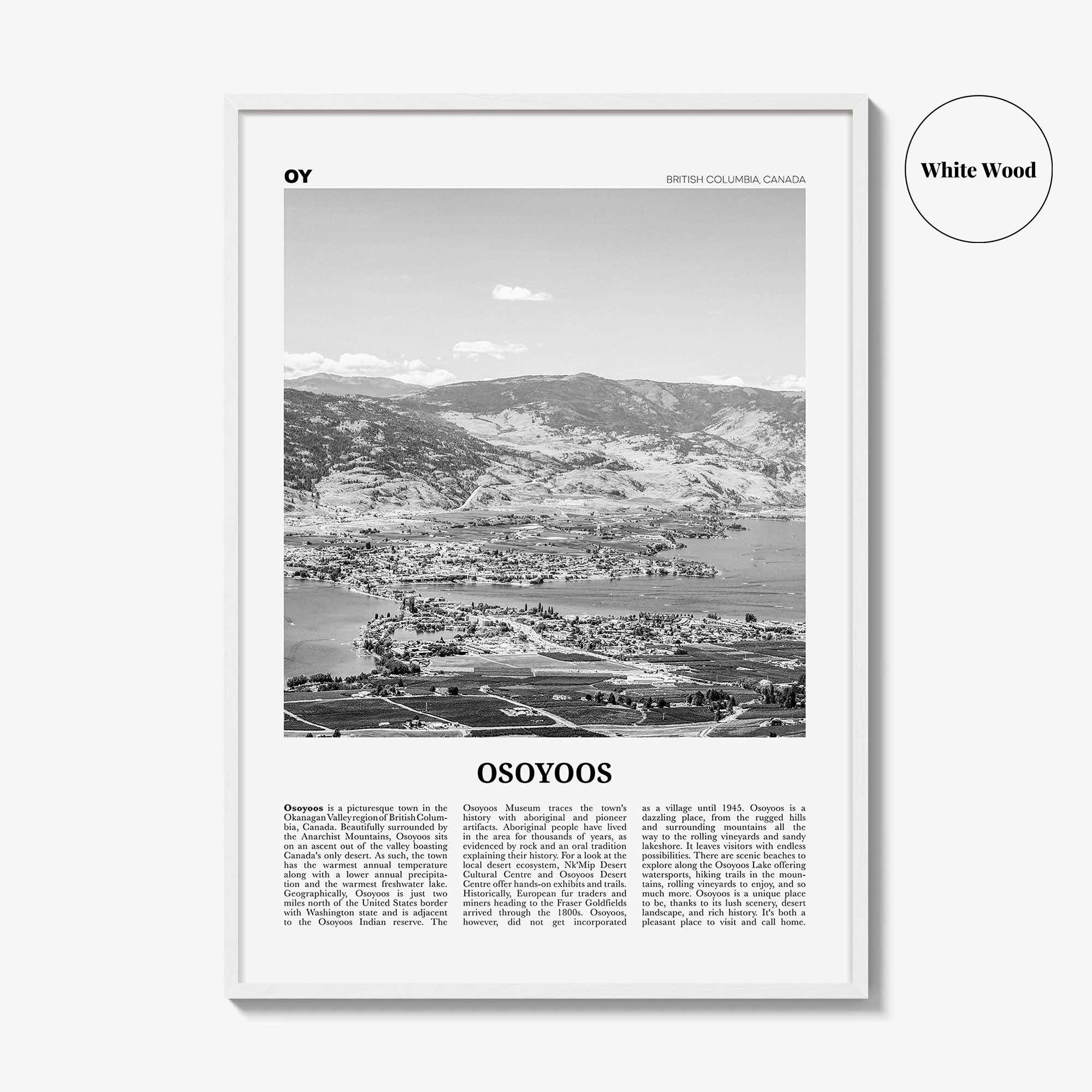 Osoyoos Print Black and White, Osoyoos Wall Art, Osoyoos Poster, Osoyoos Photo, Osoyoos Wall Décor, Osoyoos Map, British Columbia, Canada