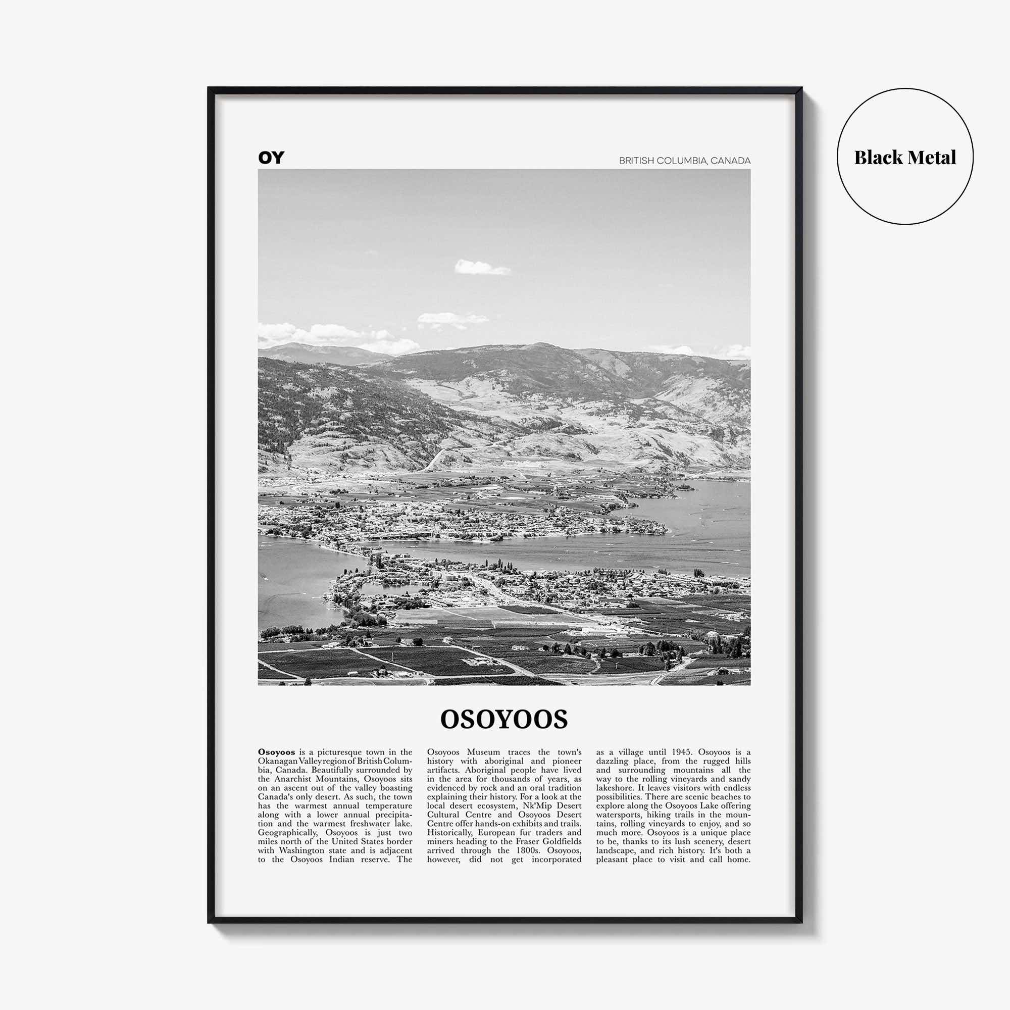 Osoyoos Print Black and White, Osoyoos Wall Art, Osoyoos Poster, Osoyoos Photo, Osoyoos Wall Décor, Osoyoos Map, British Columbia, Canada