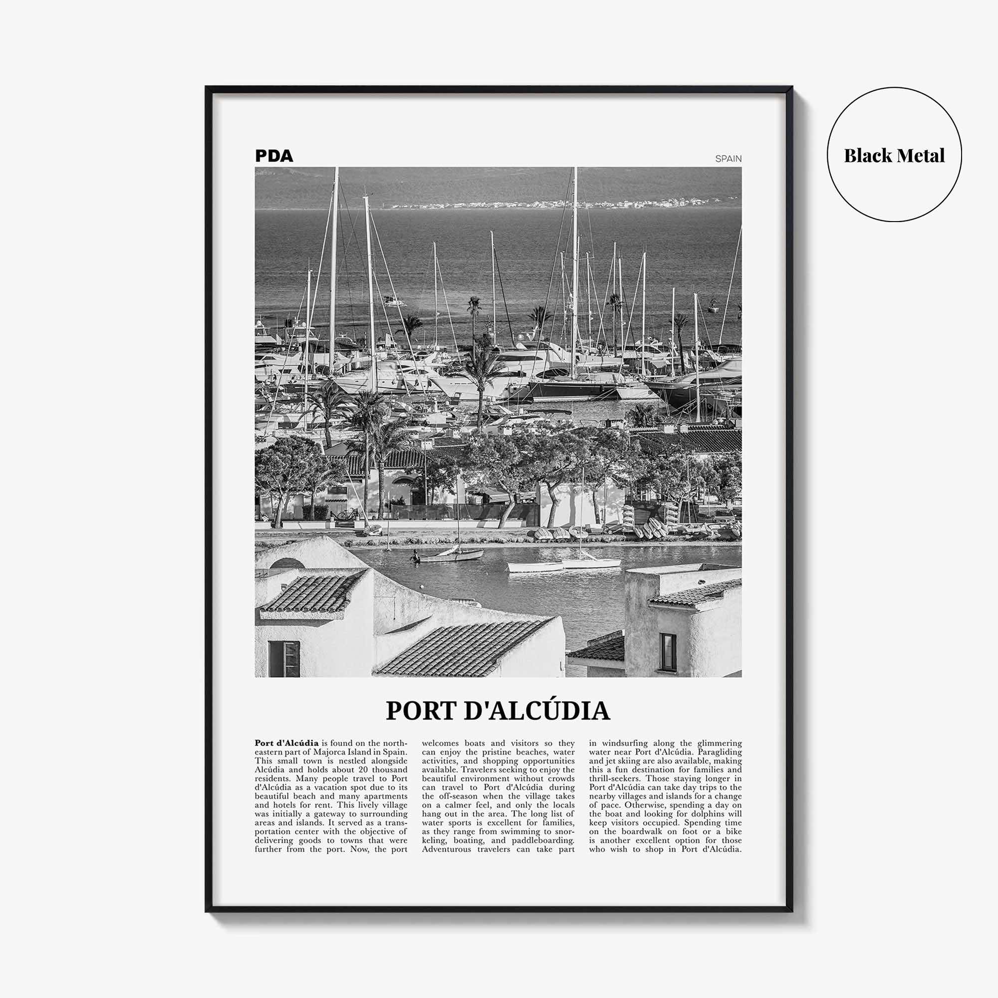 Port d'Alcúdia Print Black and White, Port d'Alcúdia Wall Art, Puerto de Alcudia Poster, Port d'Alcúdia Photo, Port d'Alcúdia Map, Spain